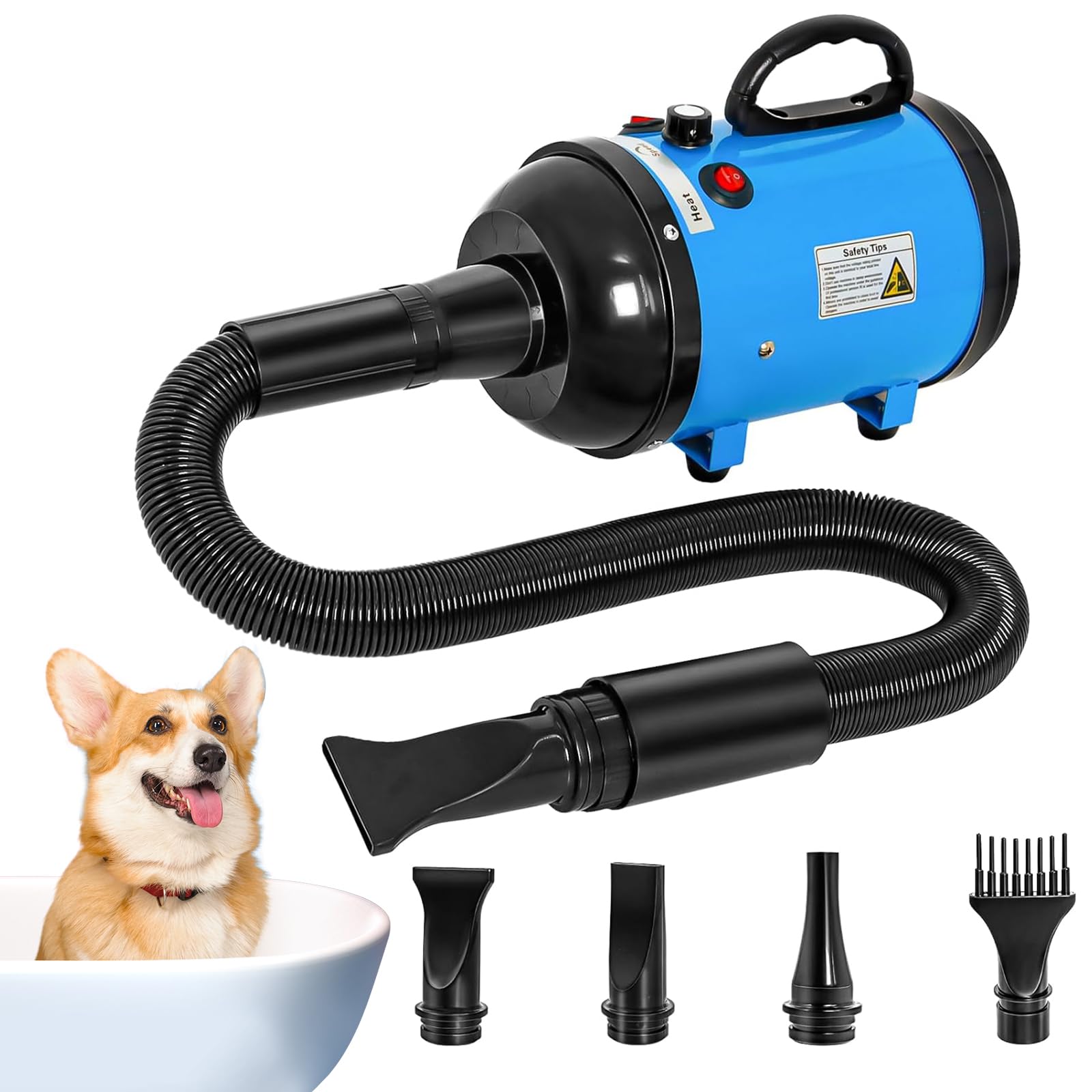 High Velocity 5.2Hp 3500W Large Dog Hair Dryer With Heater For Grooming - Adjustable Temperature With 4 Nozzles (Blue)