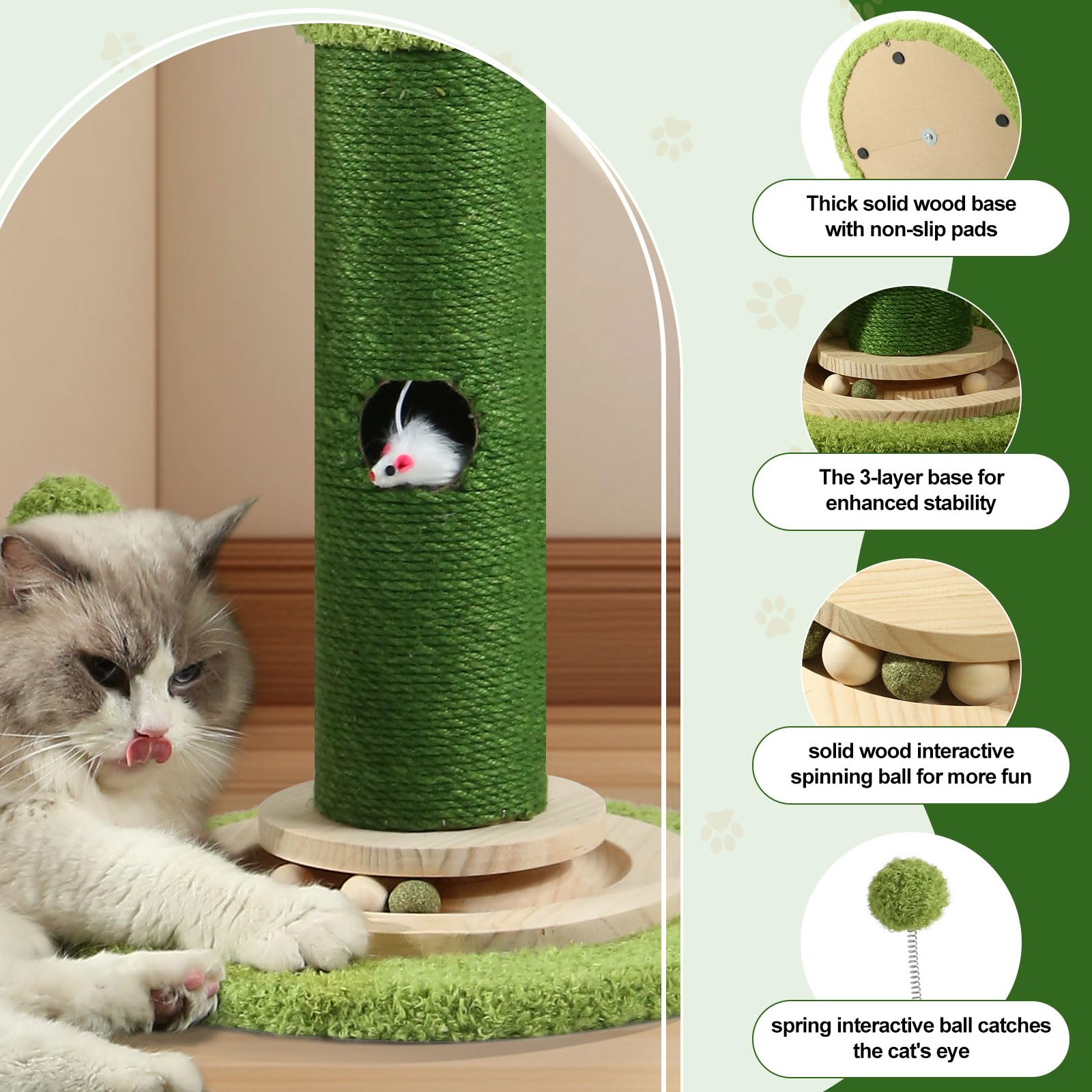 Oyx Scratching Posts For Indoor Cats, 42 Tall Monstera Cat Scratching Post, Bottom Mouse Hole And Interactive Ball Track, Top