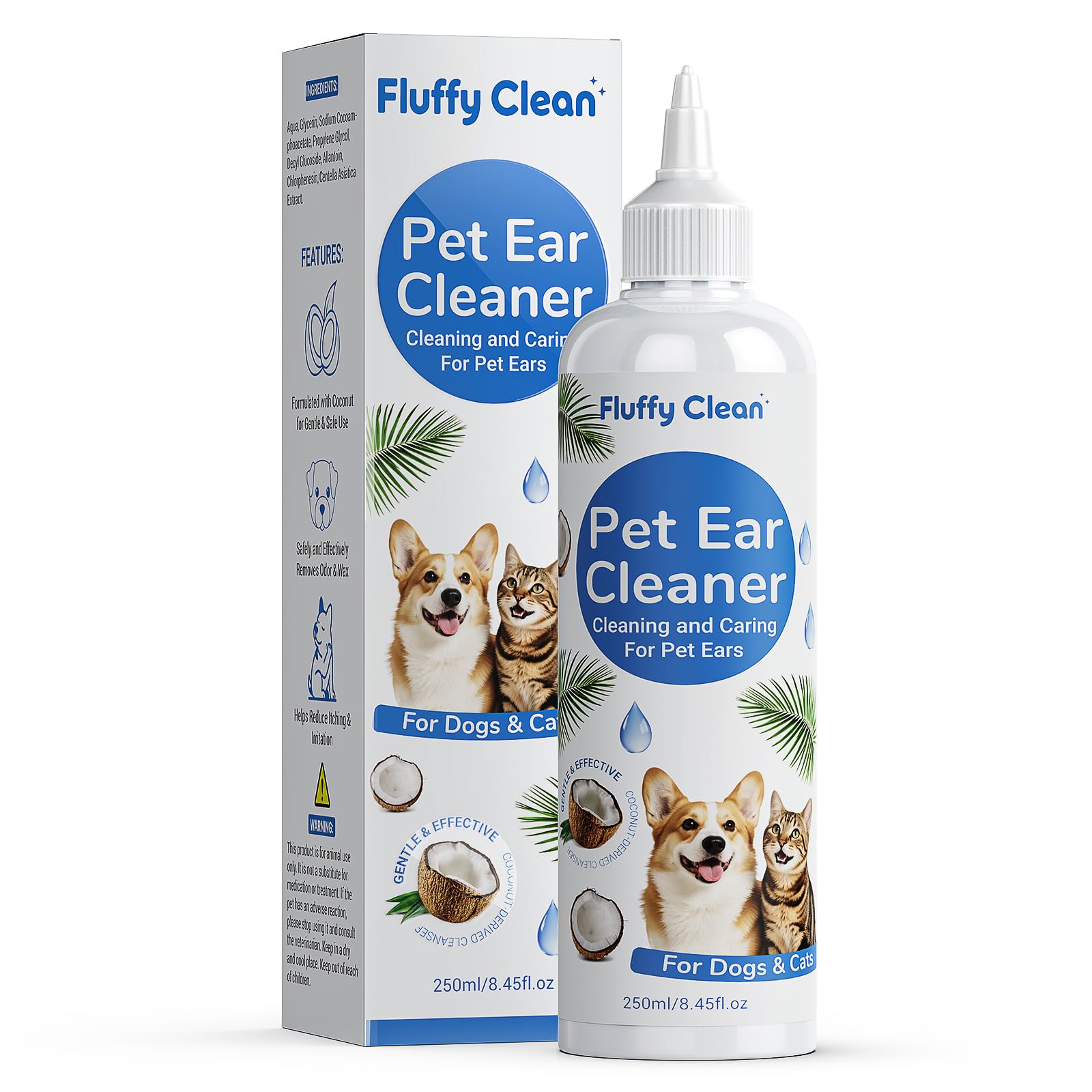 Fluffy Clean Ear Cleaner for Dogs & Cats - Gentle Ear Cleaning Solution with Natural Non-Irritating Formula for Sensitive Ear Ca