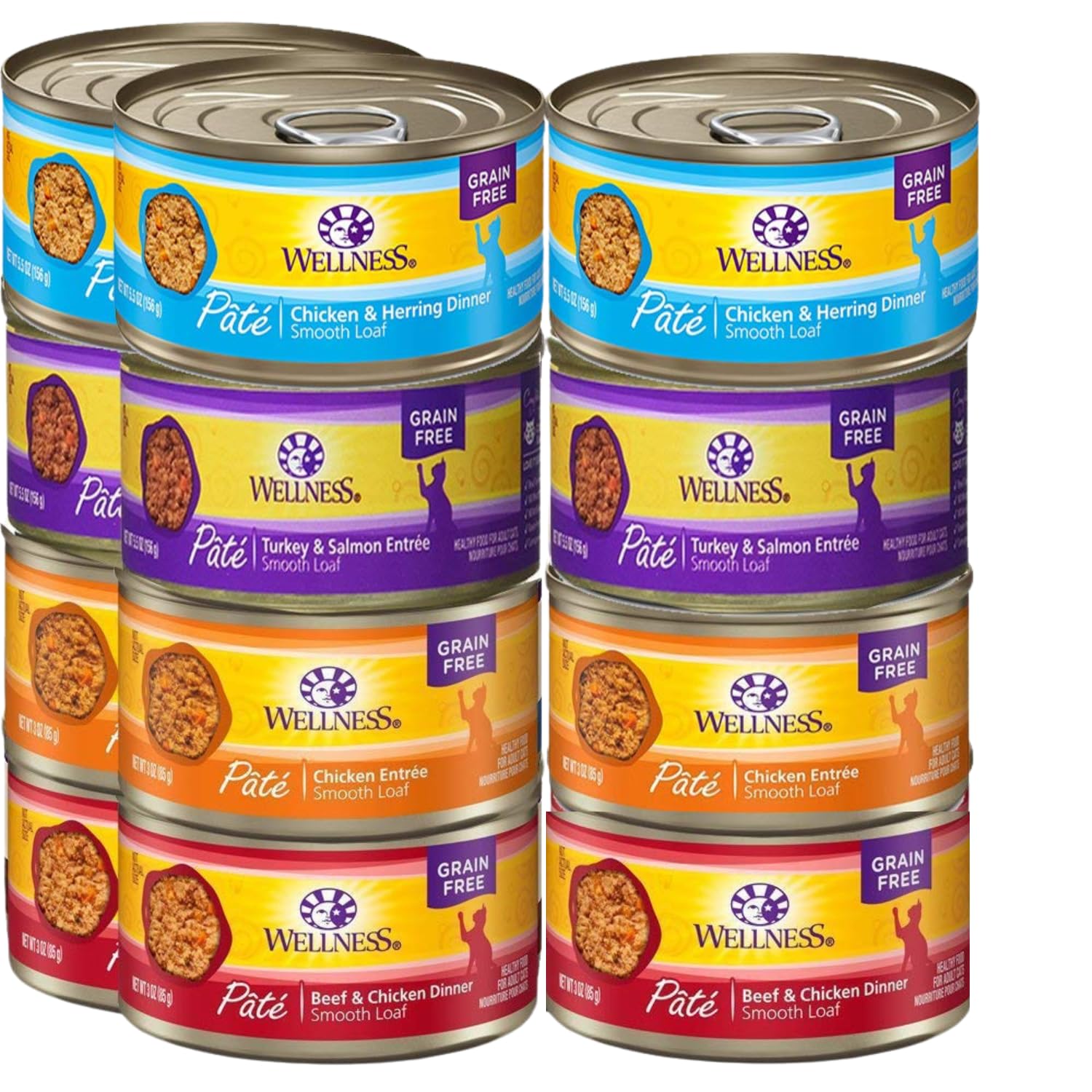 Wellness Natural Premium Canned Cat Wet Food Pate - 12 Pack Cans Variety Bundle Pack 4 Flavor - (Chicken,Beef, Salmon & Turkey)