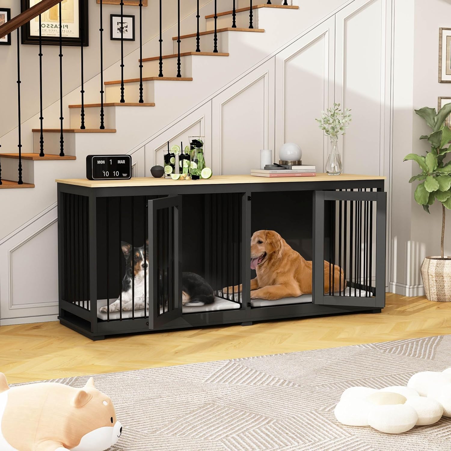 DAWNSPACES Double Dog Crates Furniture for Large Dogs, 71  Heavy Duty Wooden Kennel with Tray & Removable Divider, Indoor Furnit