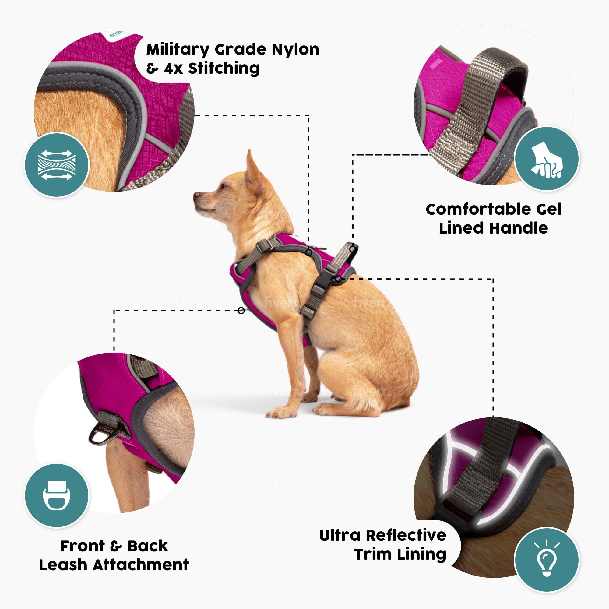 Embark Adventure Dog Harness, Reflective Trim No Pull Dog Harness For Large Dogs - Military Grade Nylon, Front Clip With Gel Lin