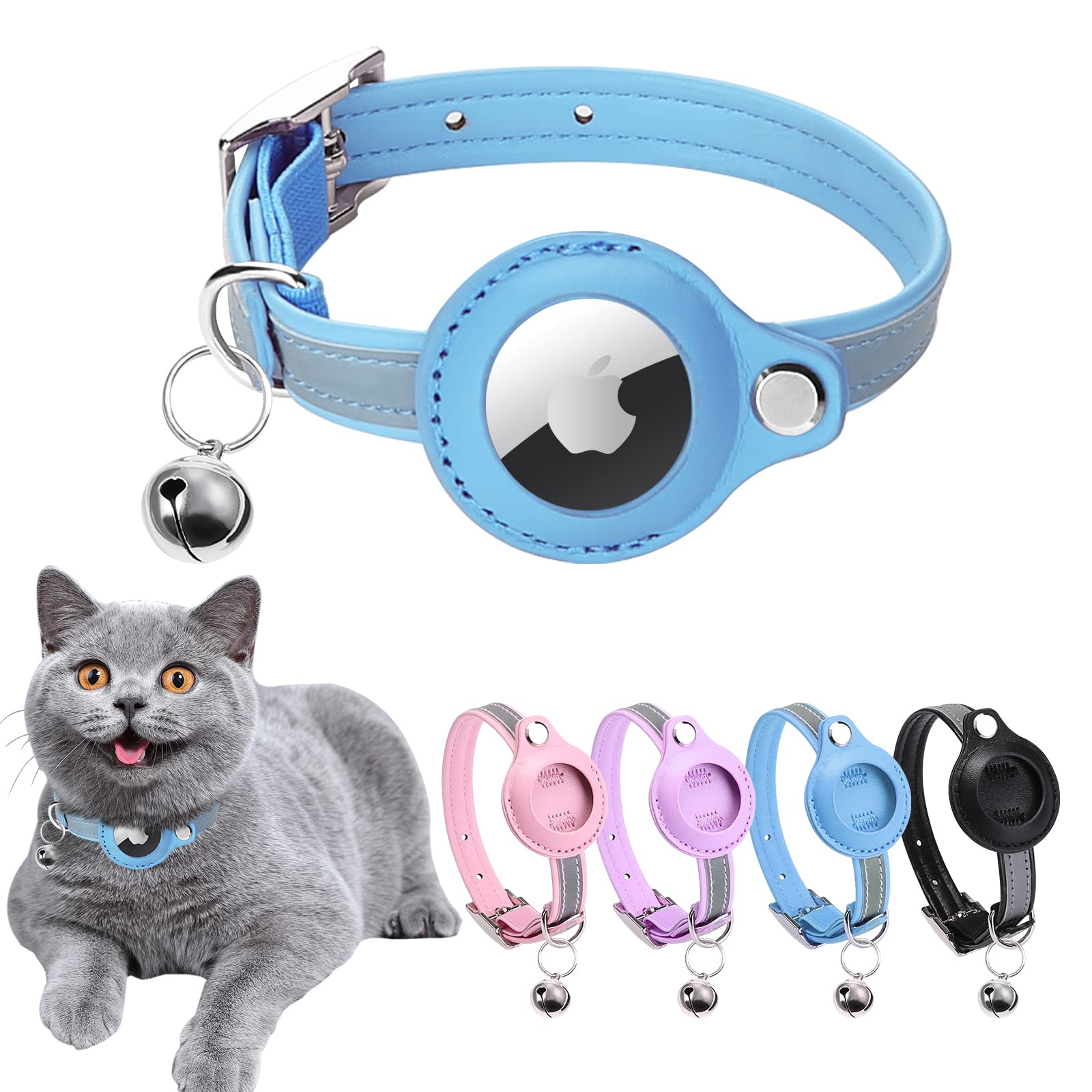 Airtag Cat Collar, Cat Collar With Bells, Reflective Gps Cat Collar, Cat Tracker Collar Leather Cat Collar For Cats (Blue-M (Blue, M(11.2-14.8'))