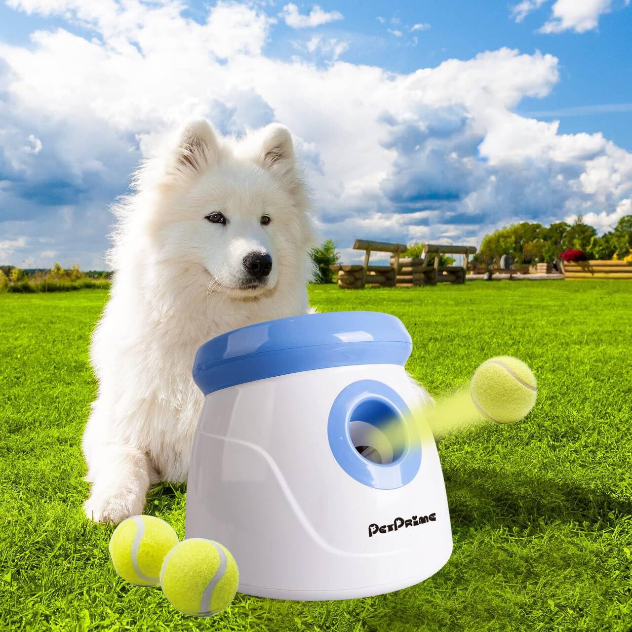 PetPrime Dog Automatic Ball Launcher Dog Interactive Toy Dog Fetch Toy Pet 2'' Thrower Throwing Game 3 Tennis Balls Tennis Mini 