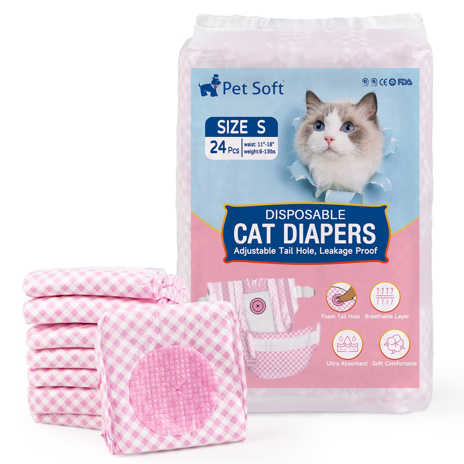 Pet Soft Disposable Cat Diapers - Diapers For Female & Male Cats, Puppy Doggie Diapers For Female Dogs With Adjustable Foam Tail Hole, 24Pcs Small
