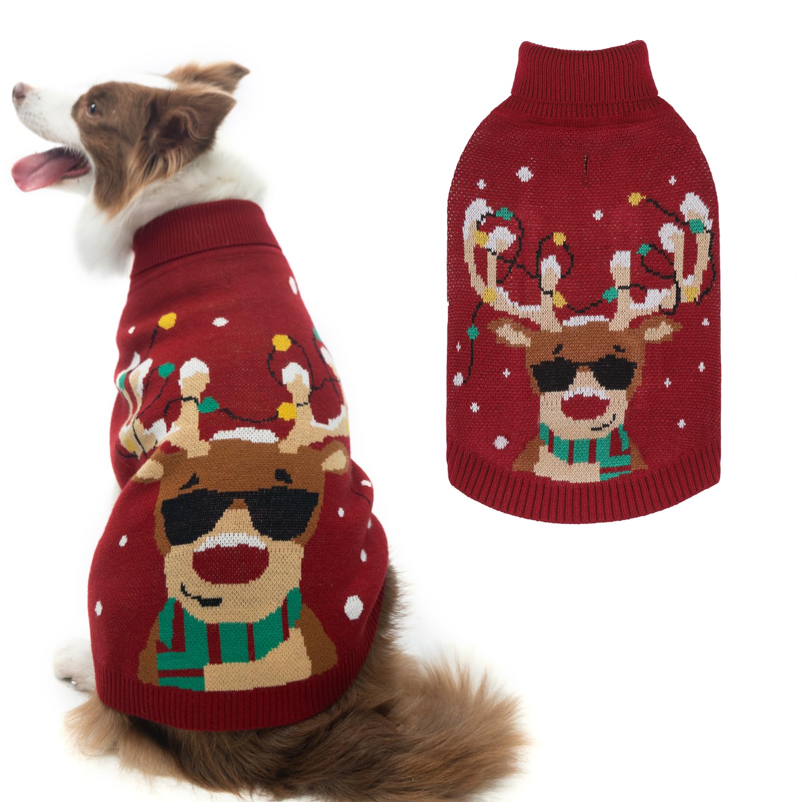 Pawchie Christmas Dog Sweater Turtleneck Outfit With Leash Hole, Knitted Pet Winter Warm Clothes For Small Medium Large Dogs Boy