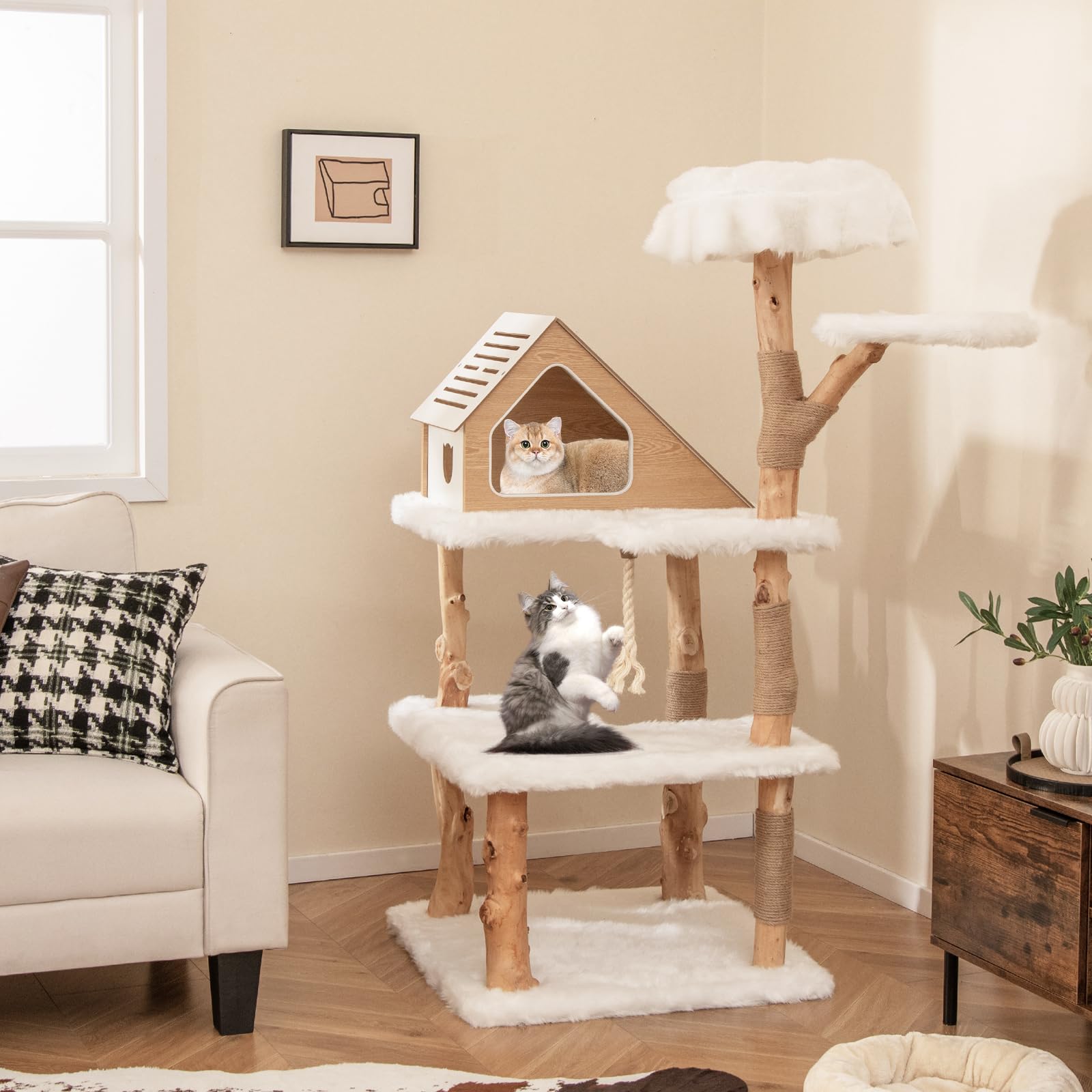 Tangkula Solid Wood Cat Tree, Modern Wooden Cat Tower With Jute Scratching Posts, 2 Perches, Condo, Sisal Rope, Soft Long Plush,