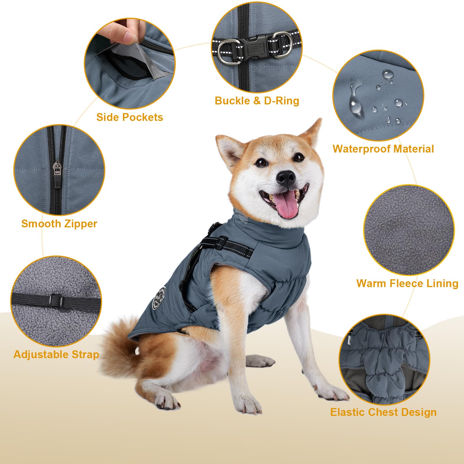 Warm Dog Jacket - Fleece Coat with Built-in Harness, Reflective Stripes, Waterproof Vest for Small to Large Dogs, Blue