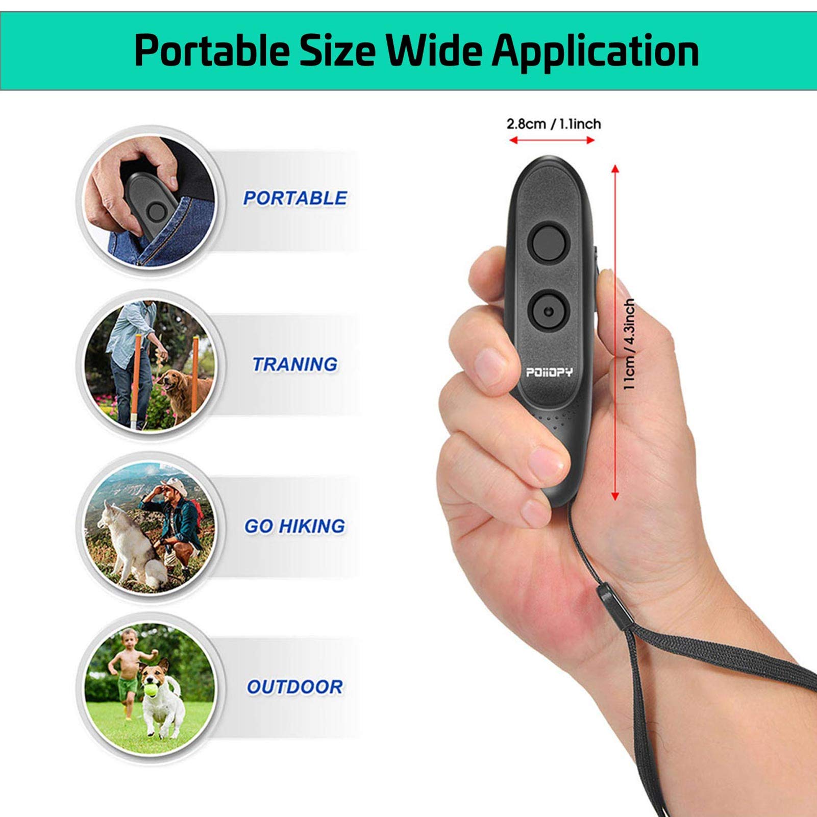POIIOPY Anti Bark Device - Ultrasonic Rechargeable Dog Trainer, 16.4 Ft Range, Model ABG01-001, 2 in 1 Control Tool