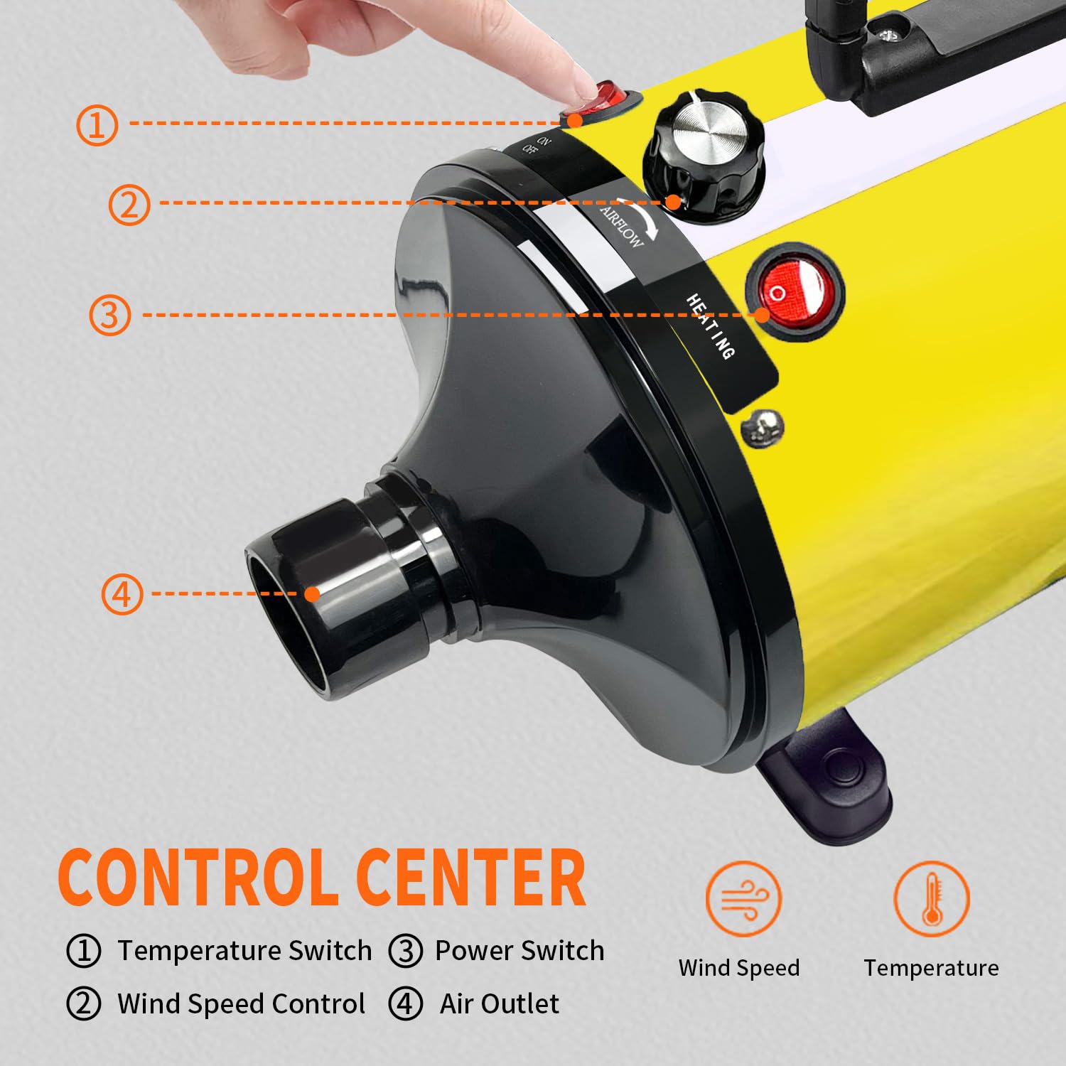 Dog Dryer, Dog Hair Dryer Blower Dog Blow Dryer And Temperature Control Pet Blower Dryer With 4 Different Nozzles. (Yellow)