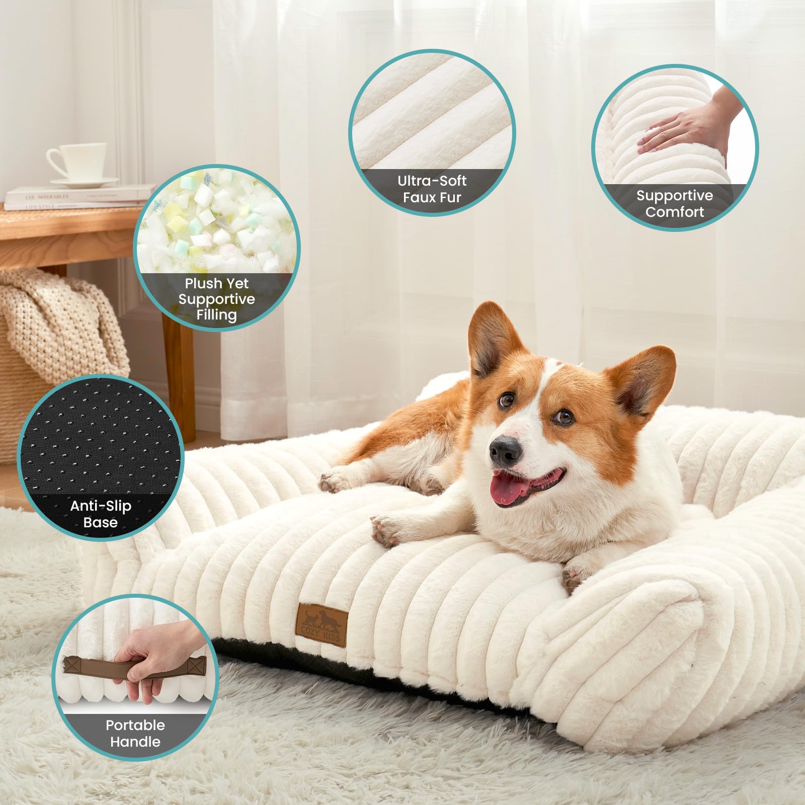 COZY KISS Cute Cat Couch, Premium Plush Faux Fur Pet Couch Bed, Ultra-Soft Pet Furniture for Cats & Small Dogs (Cream, S: 25.5