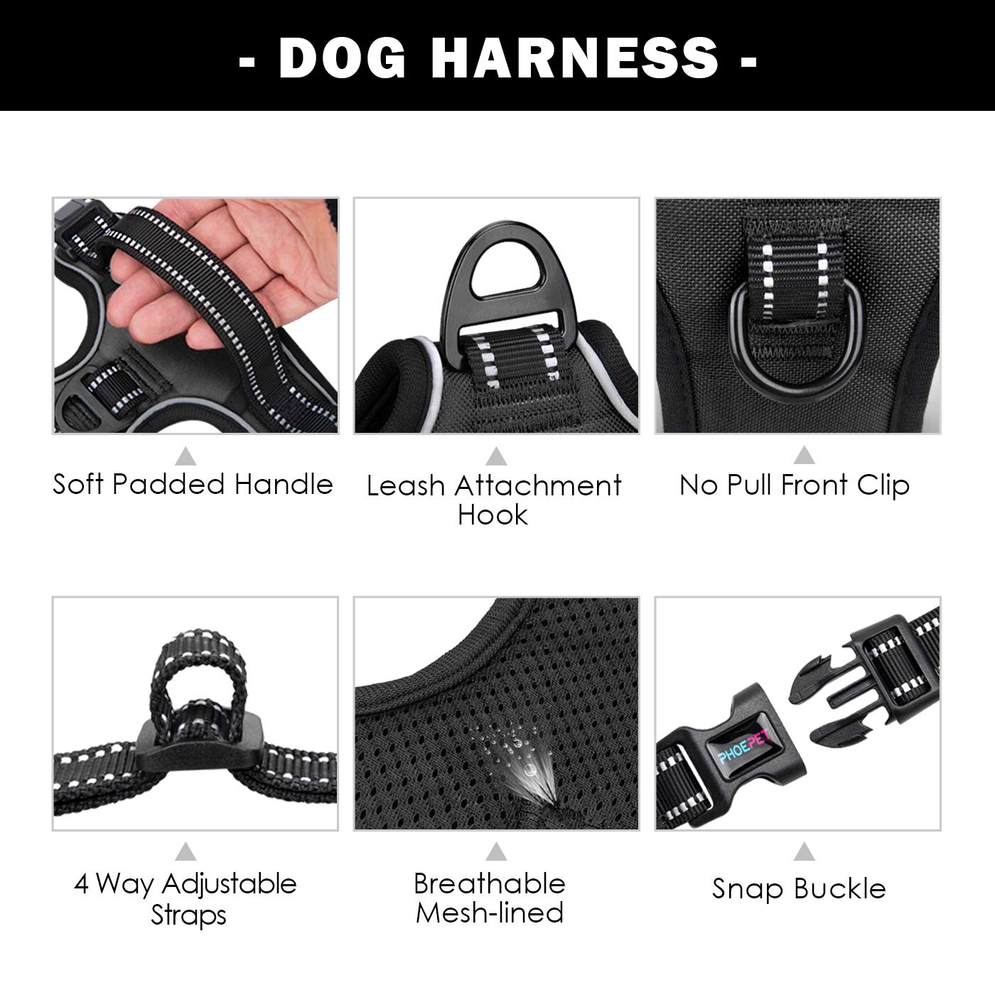 Phoepet Reflective Dog Harness Large Breed Adjustable No Pull Vest With With Handle 2 Metal Rings 3 Buckles [Easy To Put On & Take Off](L, Black)