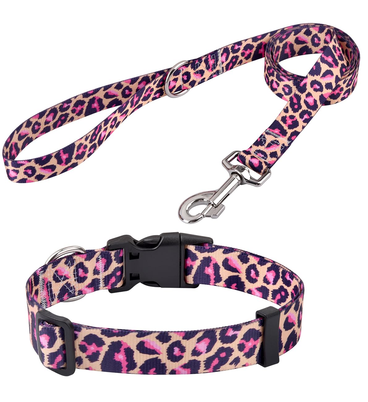 Mihqy Dog Collar And Leash Set With Bohemia Floral Tribal Geometric Patterns - Soft Ethnic Style Collar Adjustable For Small Medium Large Dogs(Pink Leopard Set,S)