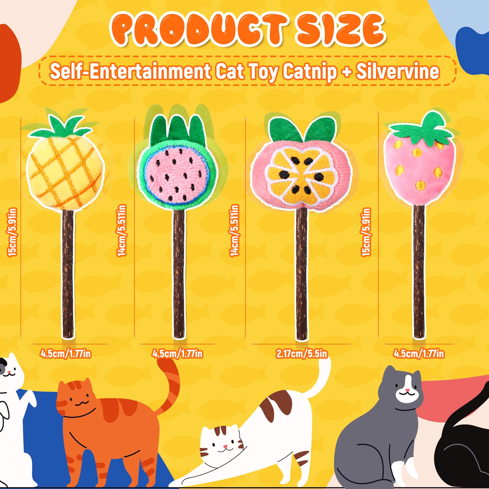 Ptwola 4 Pcs Natural Fruit Silvervine Sticks Cat Kittens Chew Toys Indoor Lollipops Interactive Cat DentalTeething Nip Treat Toy