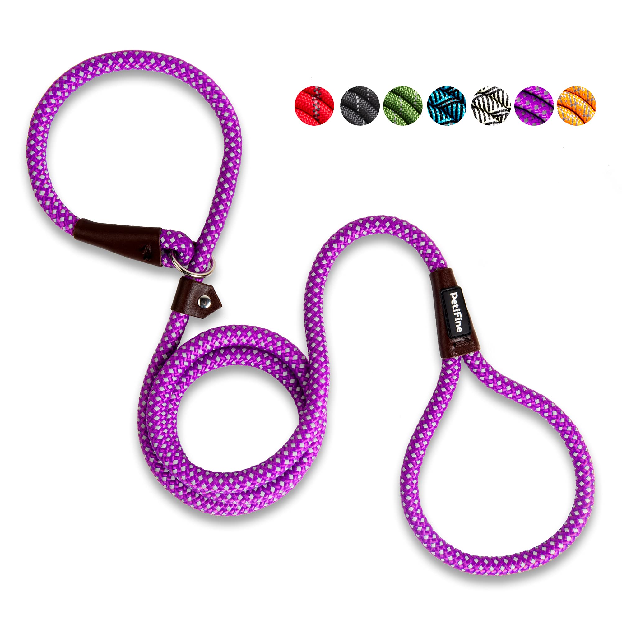 Petifine Slip Lead Dog Leash, Full Reflective Slip Knot Dog Training Leashes, Heavy Duty Adjustable Pet Nylon Slip Loop Leash For Small Medium Large Dogs(Purple)