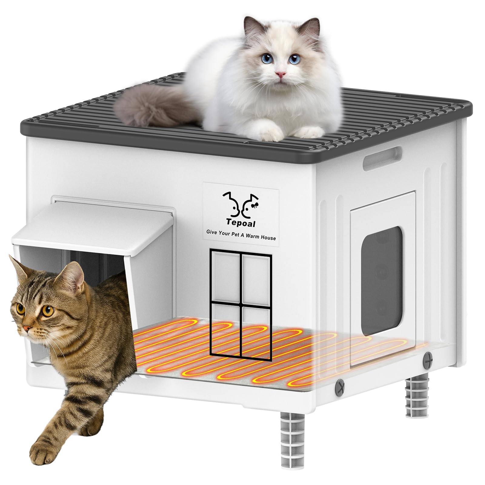 Dahivs Indestructible Heated Cat House for Outside Winter, Heated Outdoor Cat House Weatherproof with Escape Door, Waterproof & 