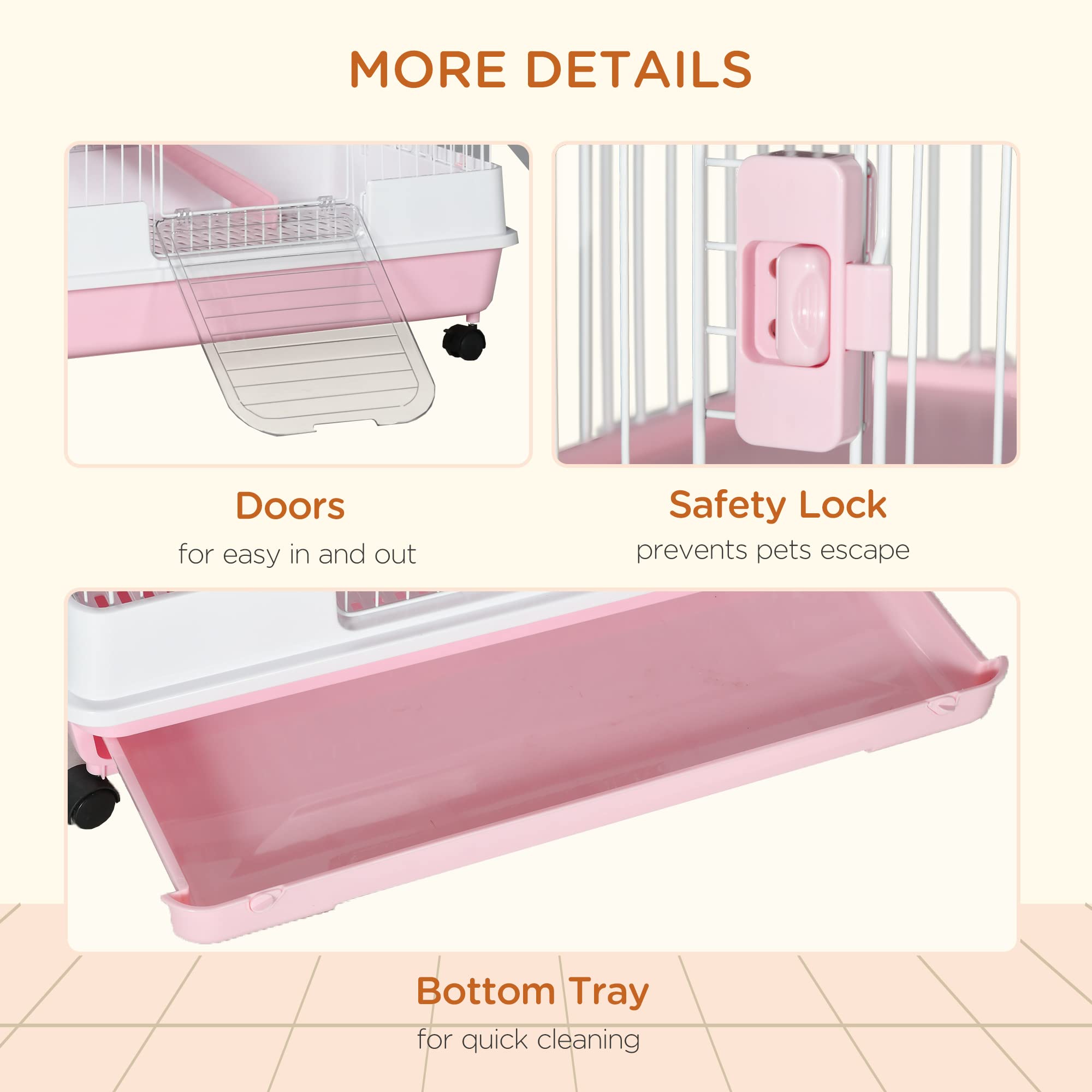 Pawhut 6-Level Small Animal Cage Rabbit Hutch With Wheels, Removable Tray, Platform And Ramp For Bunny, Chinchillas, Ferret, Pink