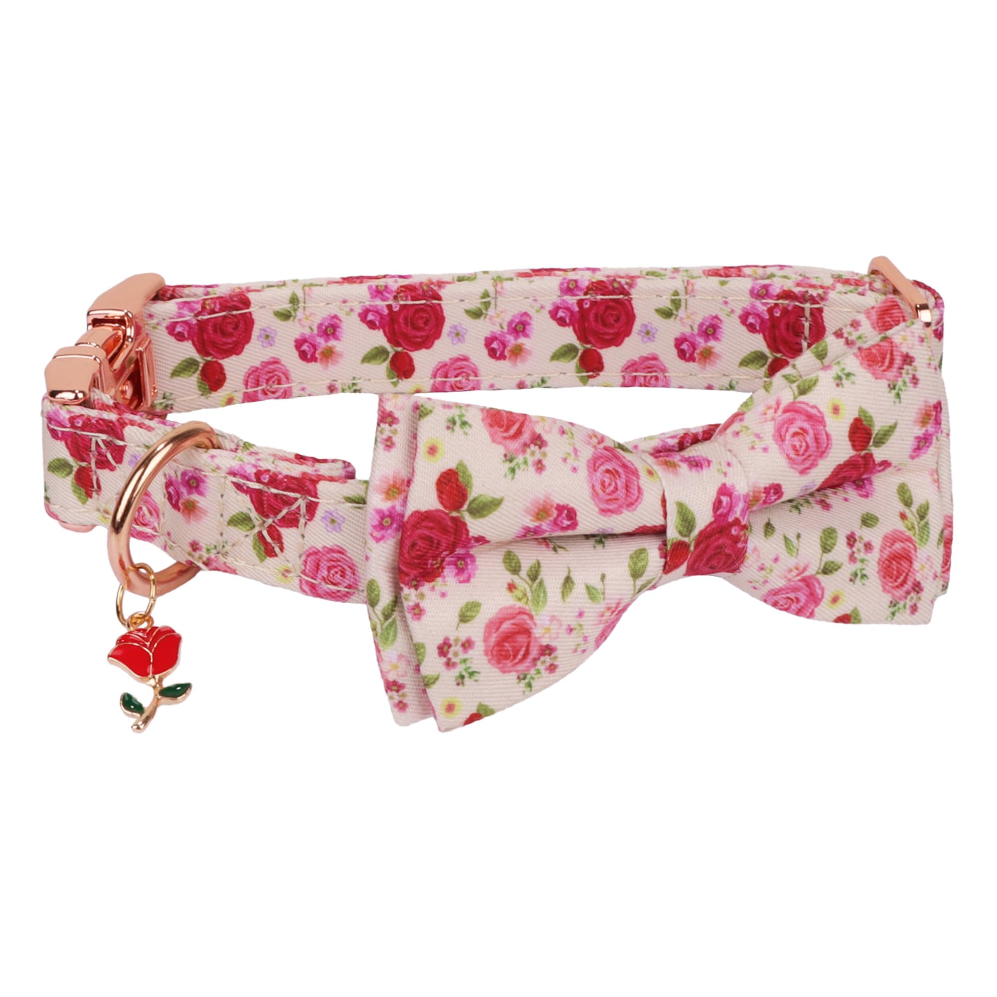Adoggygo Floral Dog Collar With Bow, Red Pink Rose Flower Dog Bow Collar With Metal Buckle, Adjustable Pet Floral Collars For Ex