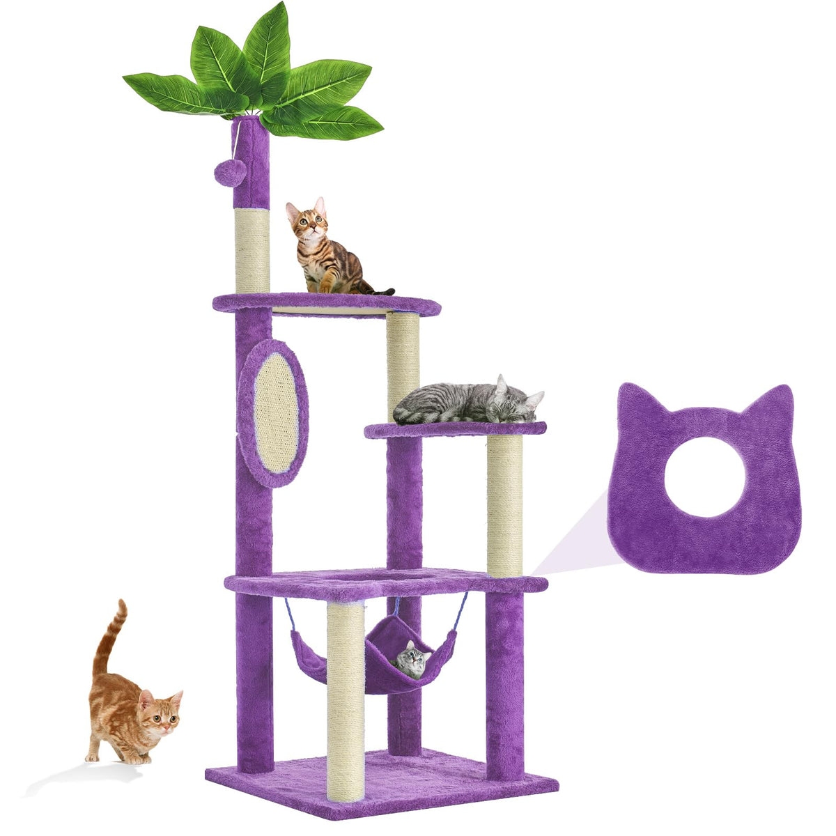 Tscomon 61'' Large Cat Tree Tower For Indoor Cats With Diy Green Leaves Scratching Post Multi Soft Hang Ball Plush Cat House Fur