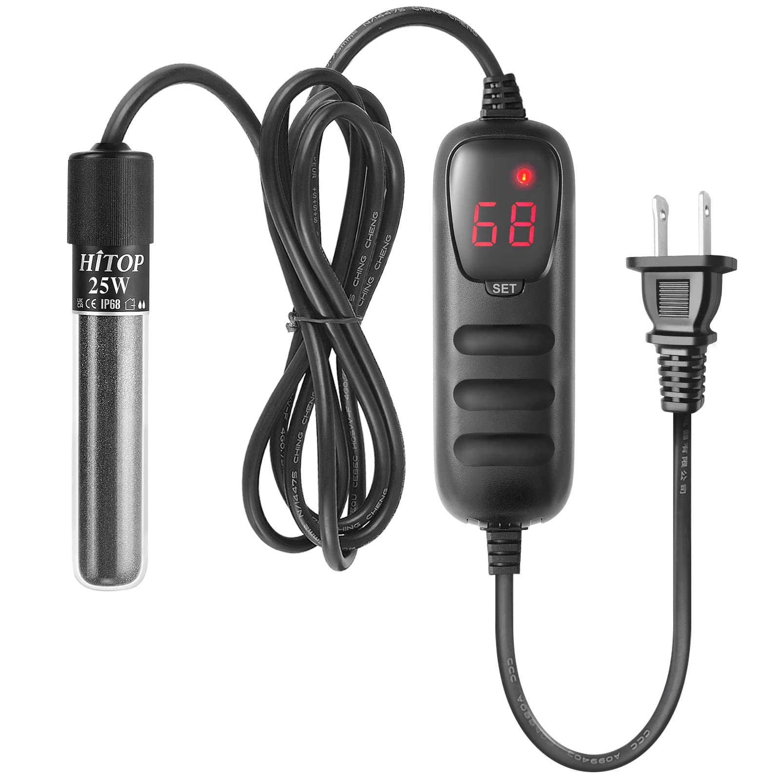 Hitop Mini Submersible Aquarium Heater - 25W 50W 100W 200W 300W Small Heater For Fish Tank 1-70 Gallon With Controller (25W)
