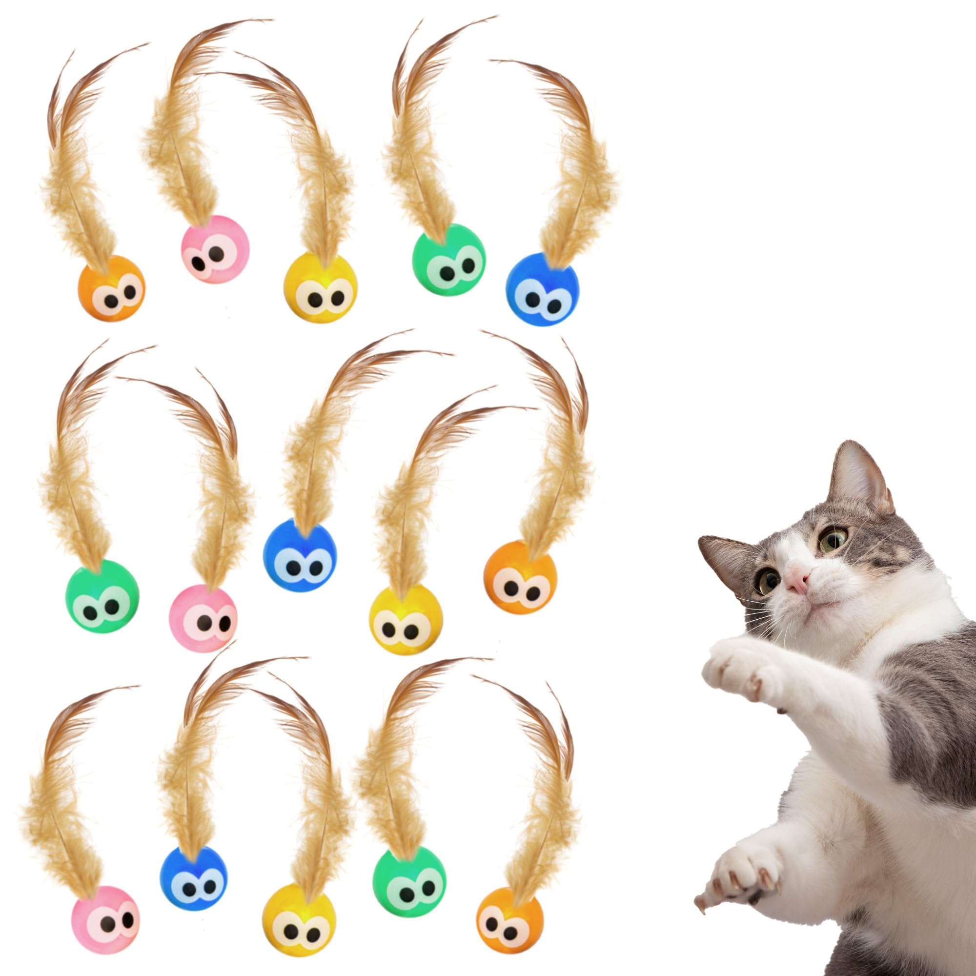 Bouncy Tails 15-Pack Cat Ball Toy With Natural Feathers, Interactive Cat Toys For Bored Indoor Adult Cats, Feather Cat Toy For I