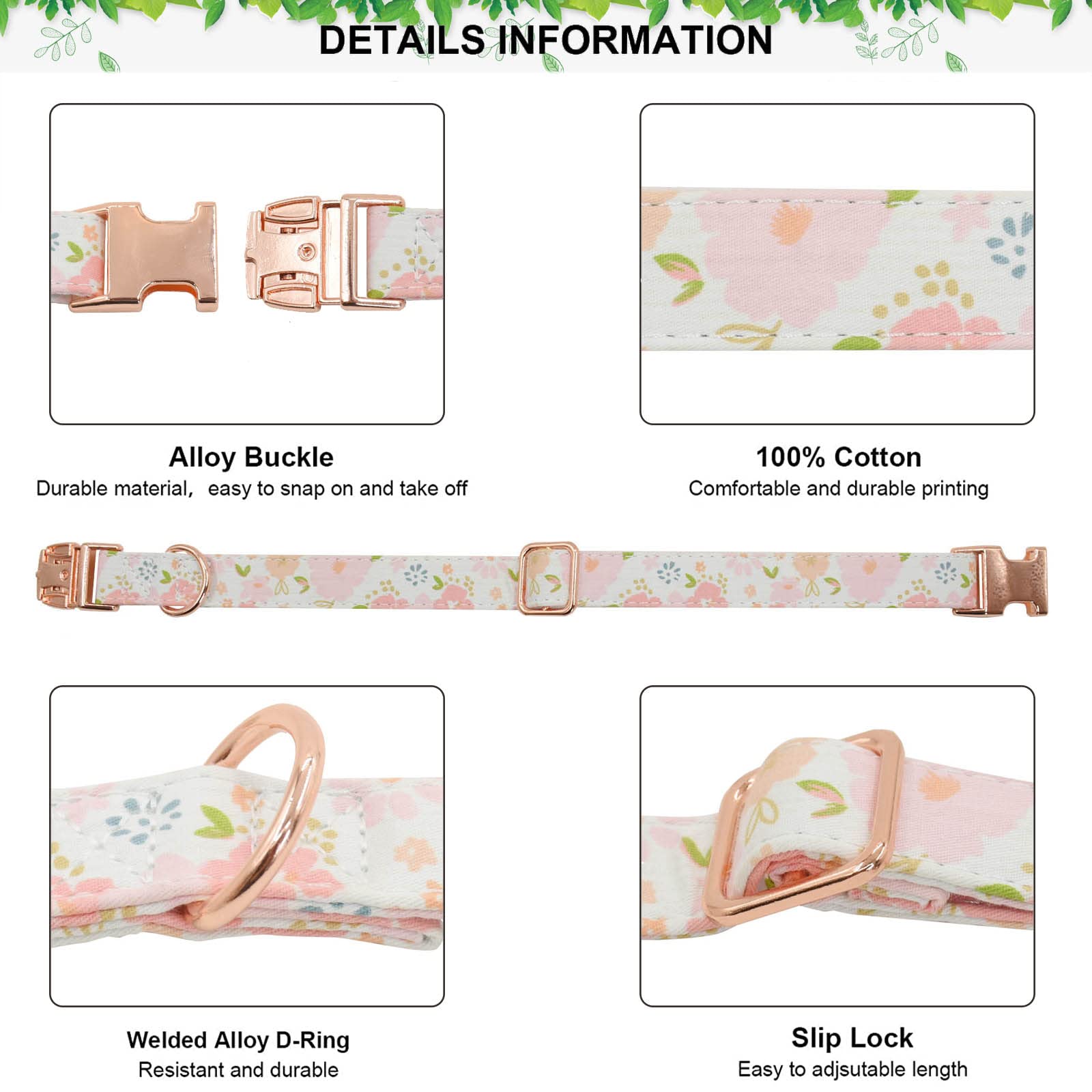 Metal Buckle Dog Collar, Durable Adjustable Dog Collar Soft For Small Medium Large Dogs (Pink Flowers, M(13-18In)