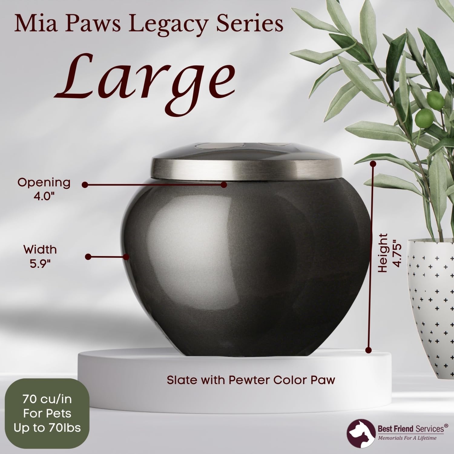 Best Friend Services Pet Urn - Large Hand Carved Aluminum Urn for Pets up to 70lbs - Slate, Single Pewter Paw - Model 2887-70-A