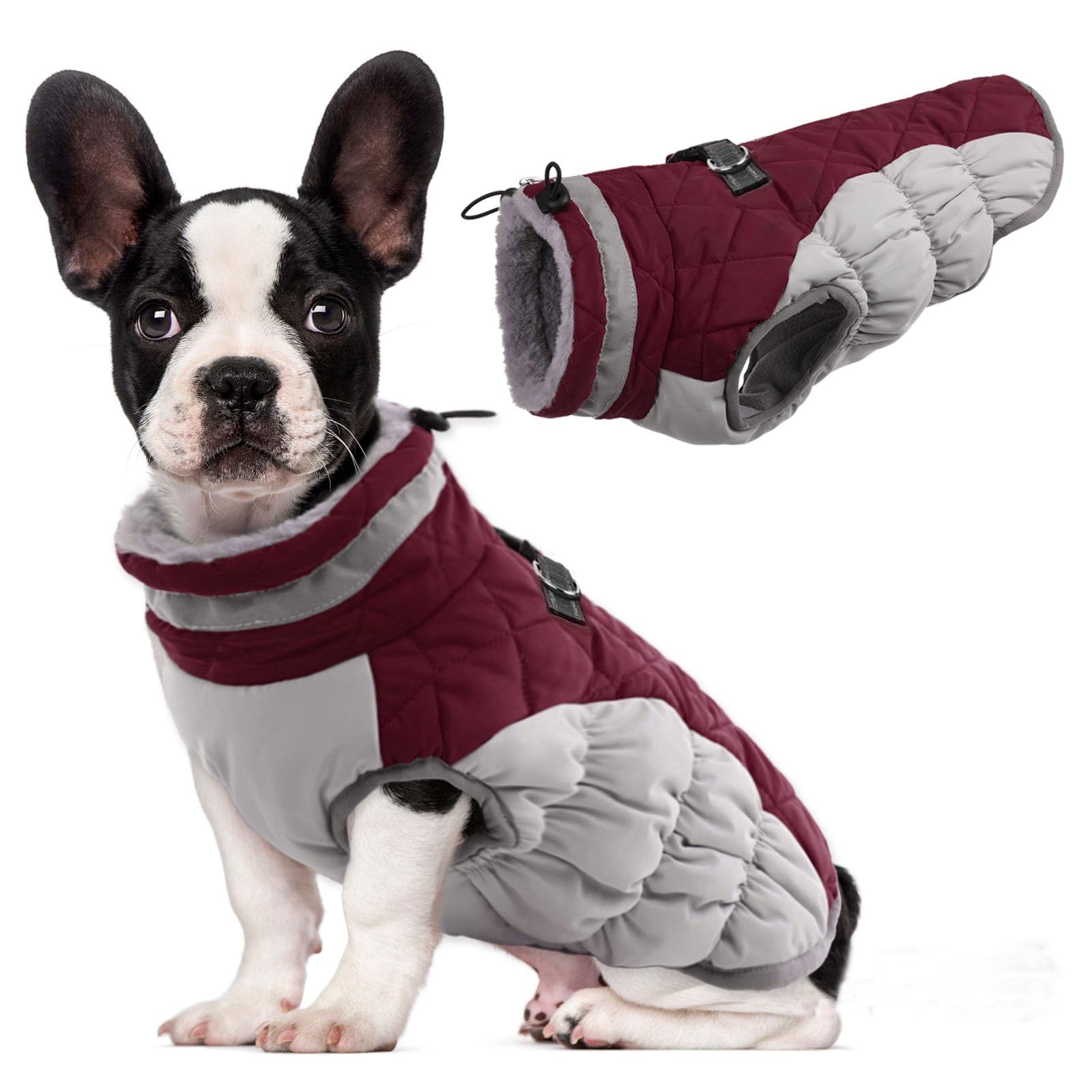 Lelepet Warm Winter Dog Coat - Xs, Waterproof, Padded, Windproof, Reflective, Fleece Jacket With Harness For Small Dogs, Wine Re