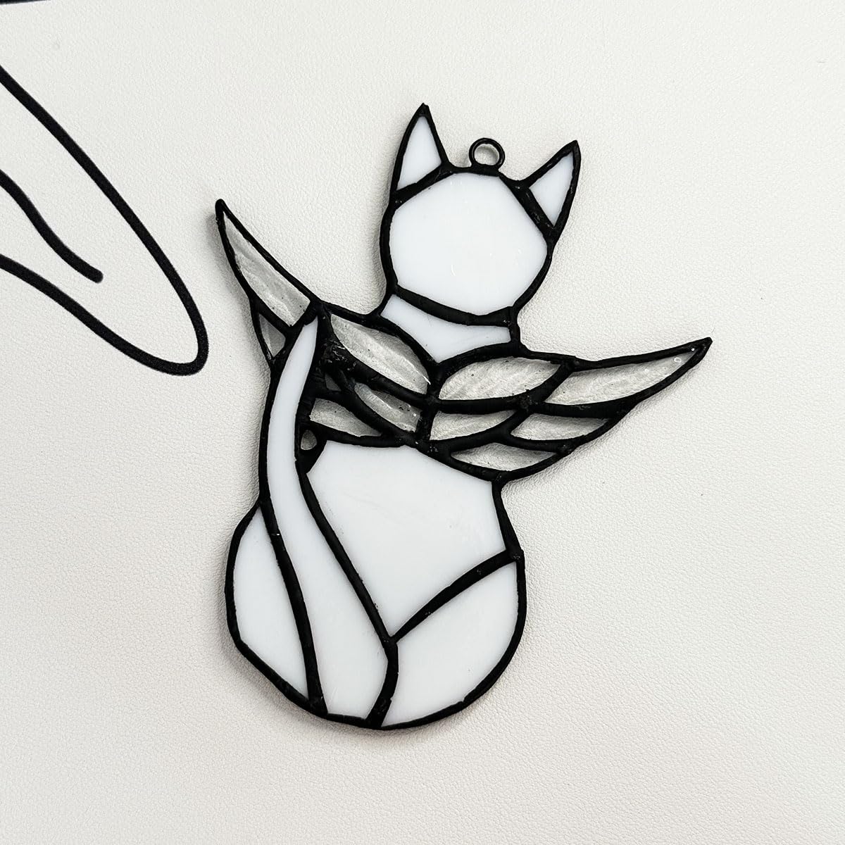 Fluffycaptain Handcrafted Stained Glass Cat Suncatcher -White Angel Cat With Colorful Wings, Memorial Gift For Pet Lovers, Home