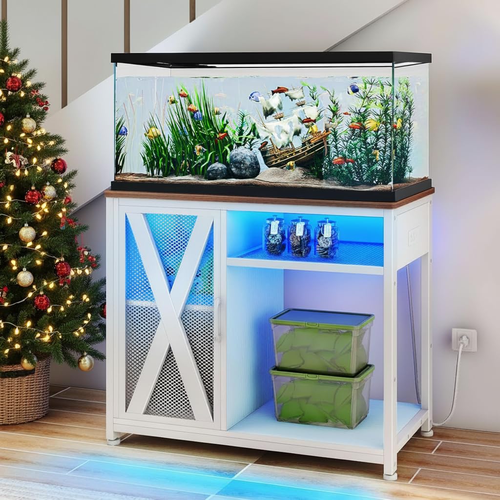 DWVO 40-50 Gallon Aquarium Stand with Power Outlets & LED Light, Cabinet for Fish Tank Accessories Storage - Metal Fish Tank Sta