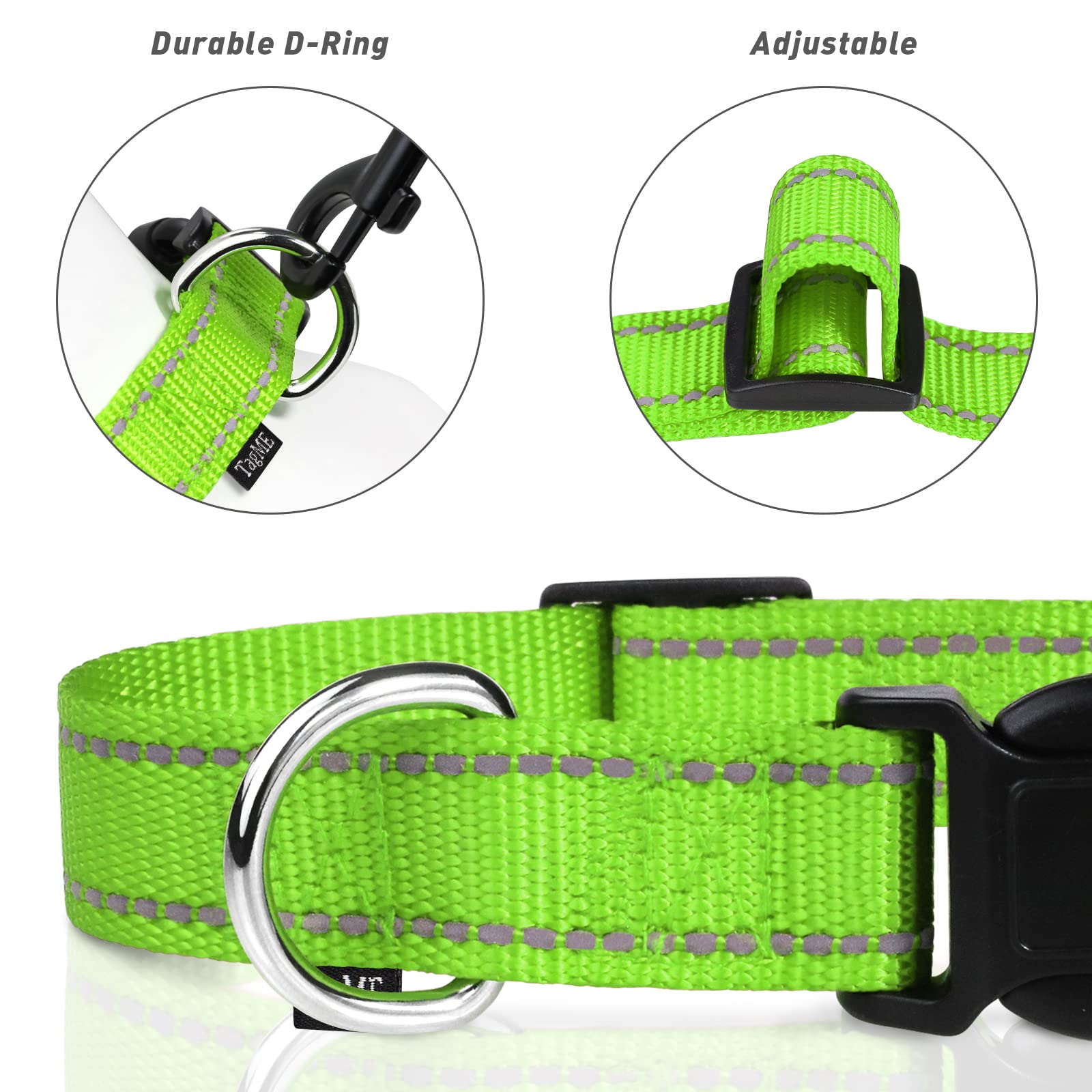 Tagme Reflective Nylon Dog Collars, Adjustable Classic Dog Collar With Quick Release Buckle For Extra Large Dogs, Green, 1'' Wid