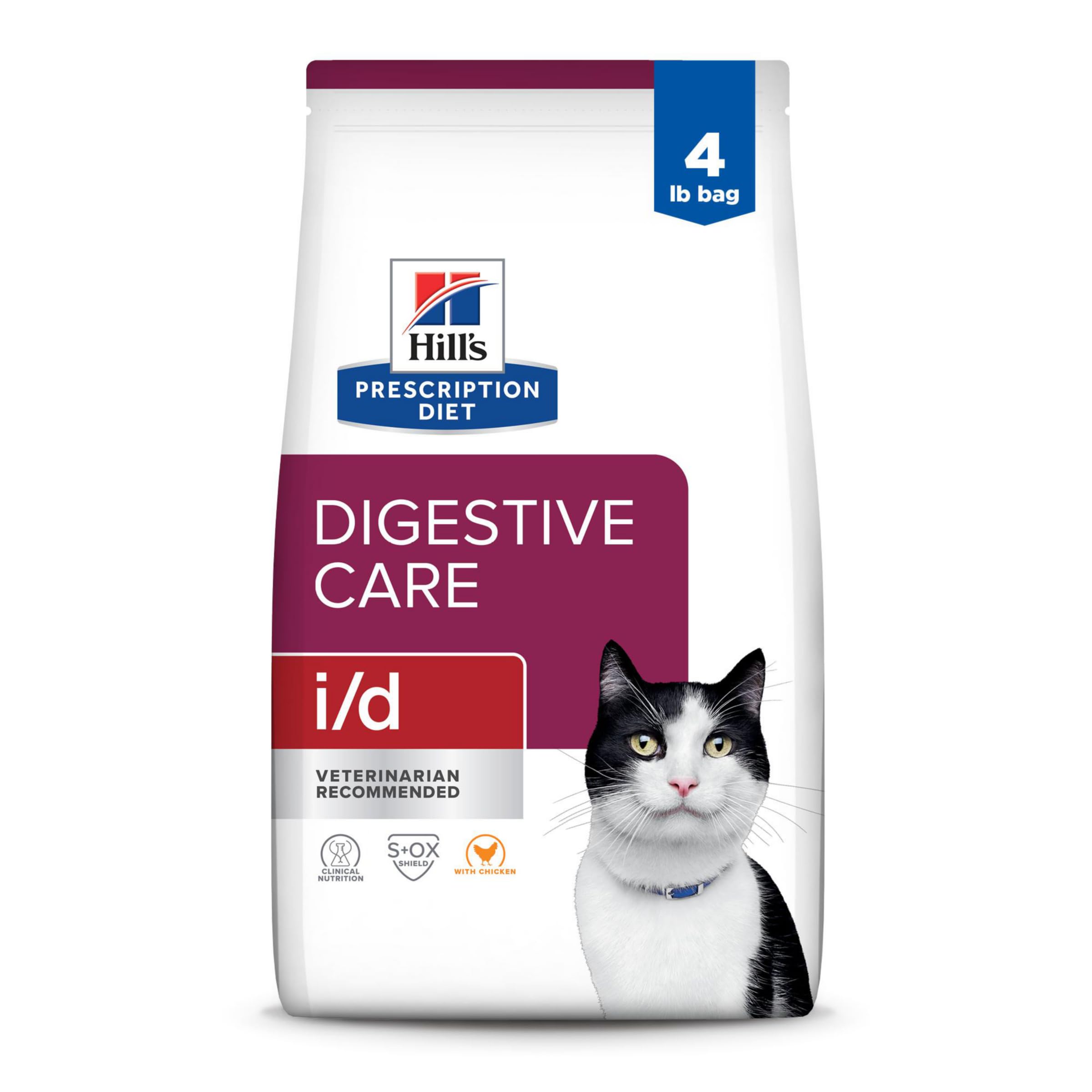 Hills Prescription Diet i/d Digestive Care Chicken Flavor Dry Cat Food, Veterinary Diet, 4 lb. Bag