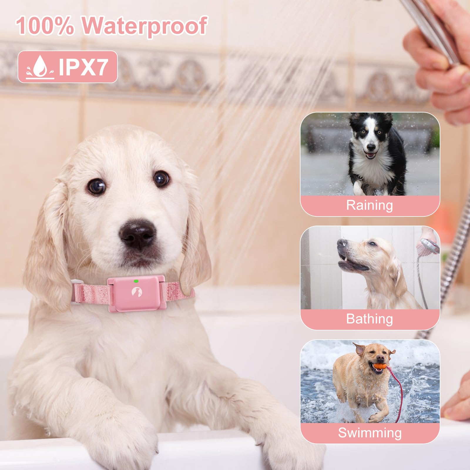 Pikabiu Dog Shock Collar Rechargeable Training Collar With Remote 1800Ft Control, Pink Adjustable Waterproof Electric Collar For