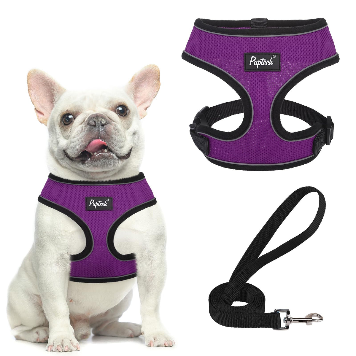 Pupteck Soft Mesh Dog Harness And Leash Set Pet Puppy Cat Comfort Padded Vest No Pull Harnesses, Solid Purple, M