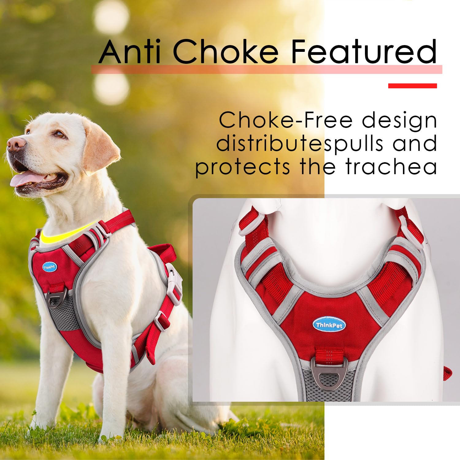 Thinkpet No Pull Harness Breathable Sport Harness With Handle-Dog Harnesses Reflective Adjustable For Medium Large Dogs,Back/Front Clip For Easy Control S Dark Red