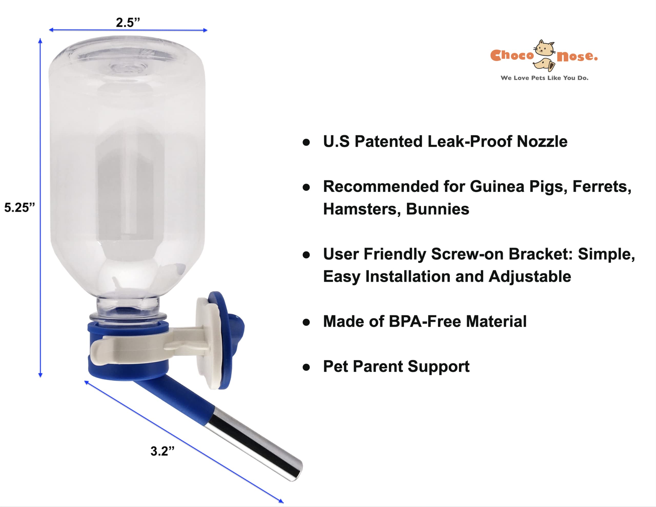 Choco Nose Patented No-Drip Water Bottle/Feeder for Guinea Pigs/Hamsters/Bunnies/Ferrets/Other Small Pets, Critters and Animals