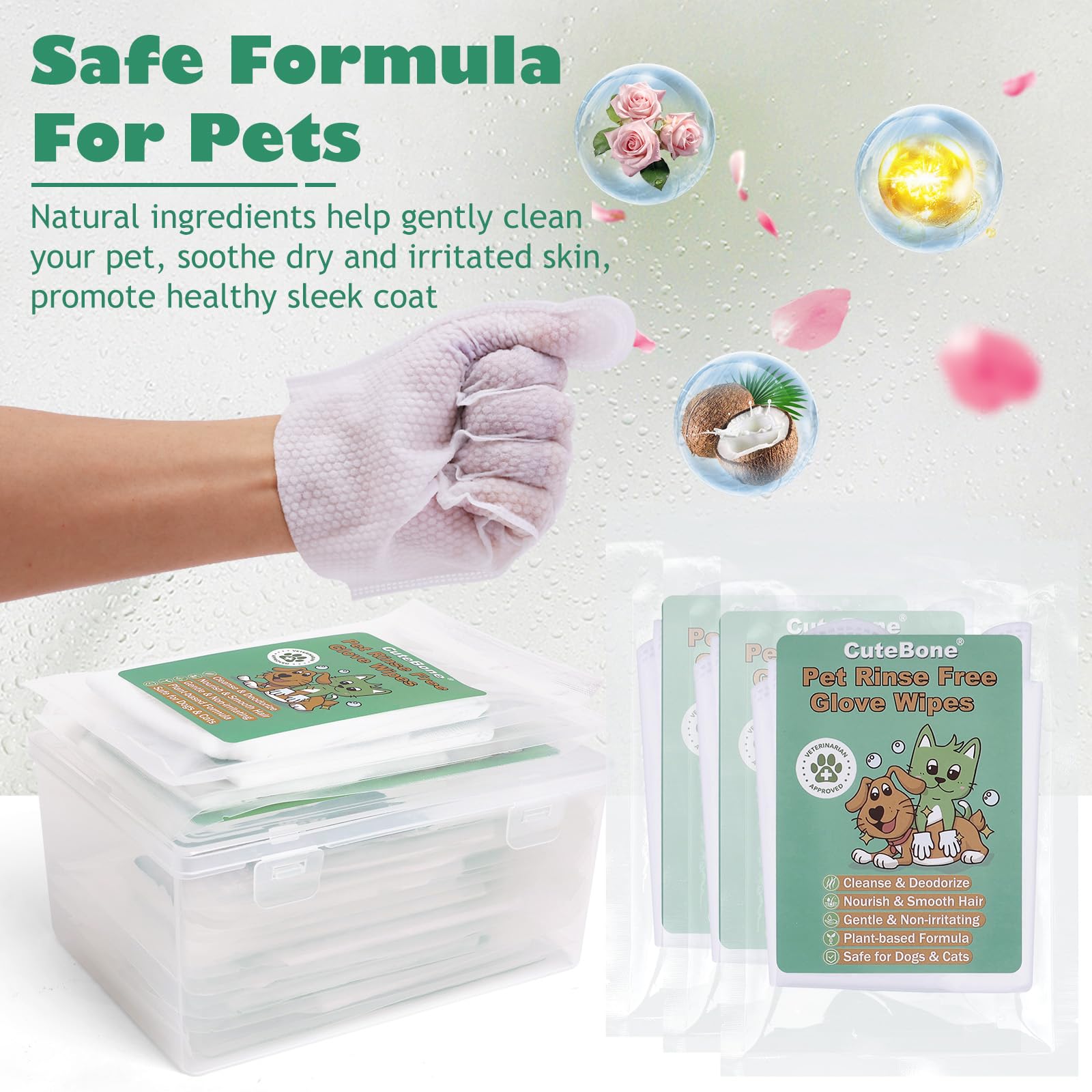 Cutebone Pet Glove Wipes - Dual-Sided Grooming Gloves With Wipes, Gentle And Effective Cleaning For Dogs, Removes Dirt, Fur, And