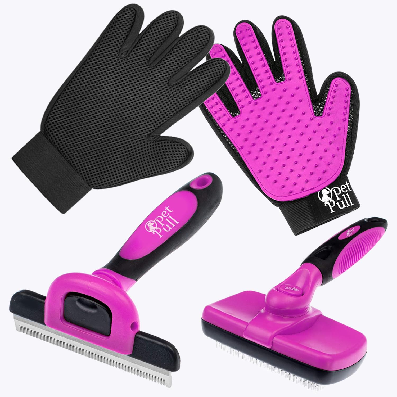 Pet Pull Complete Professional Pet Grooming Kit With Hair Removal Tool, Gloves, Self Cleaning Slicker Brush, And Pro Dog Deshedd