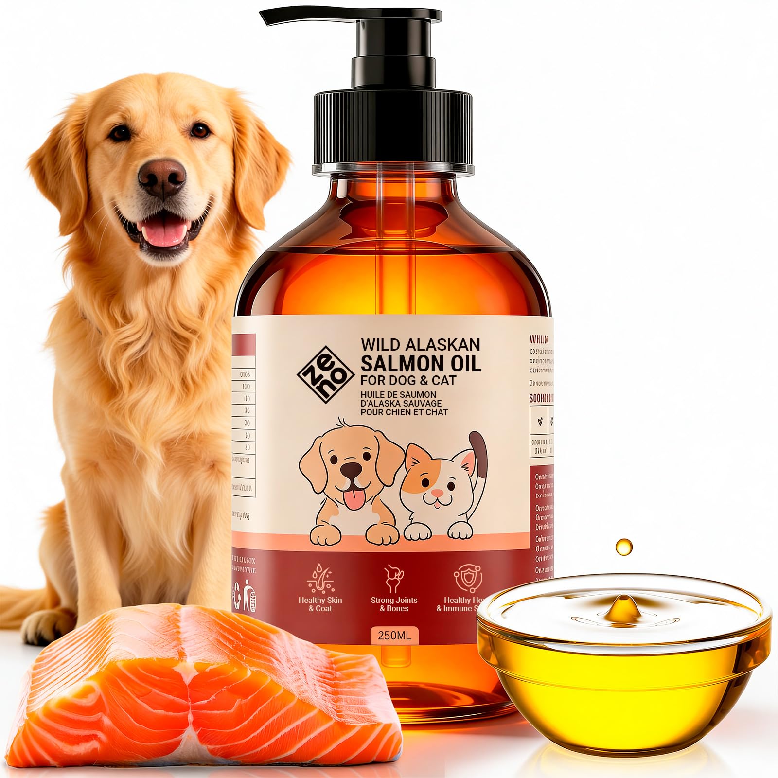 ZENO Wild Alaskan Salmon Oil for Dogs & Cats - Pure Fish Oil for Dogs with Omega 3, EPA & DHA Supplements for Skin & Coat, Joint