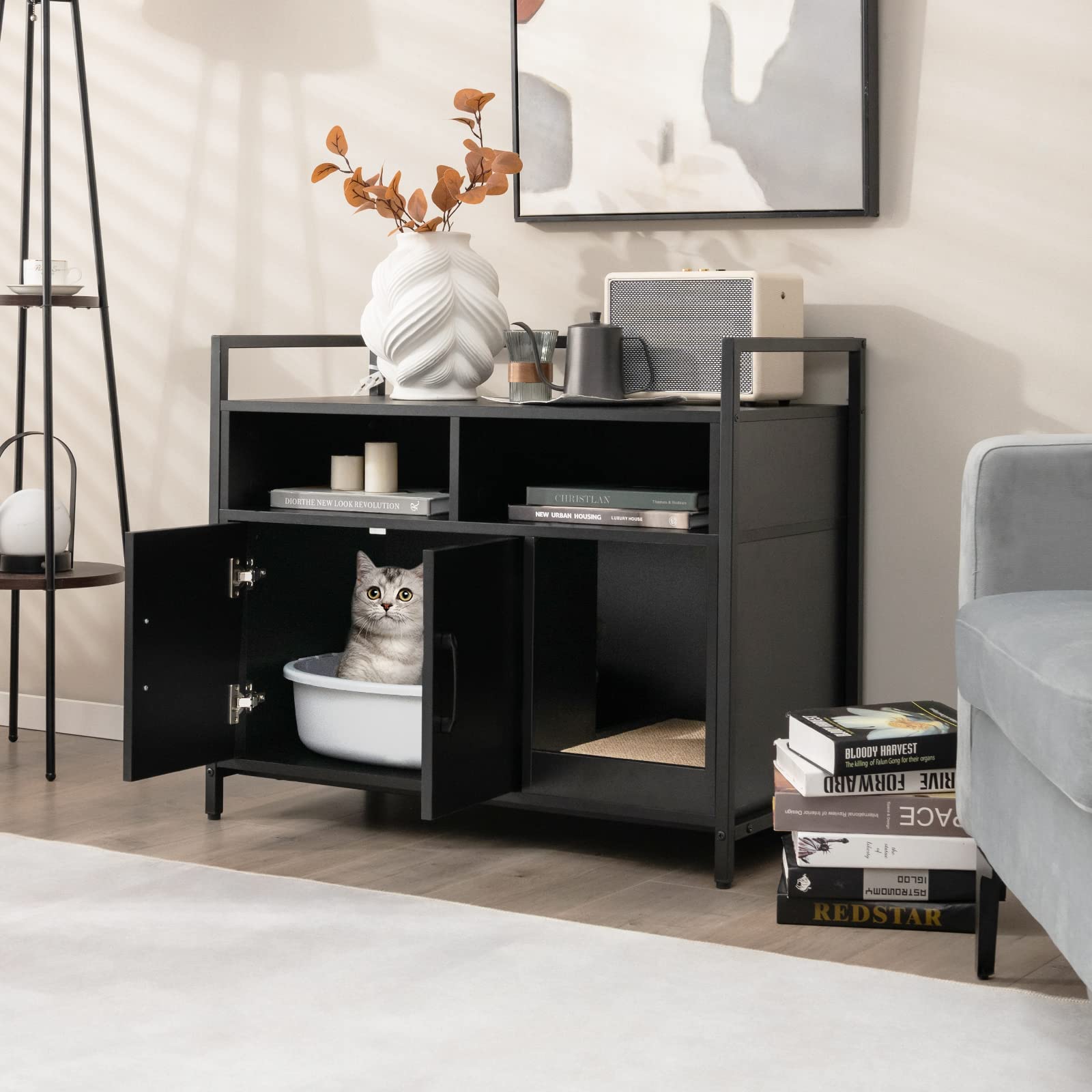 Tangkula Litter Box Enclosure, Cat Litter Box Furniture Hidden W/Metal Frame, Scratching Board, Storage Compartment, Wooden Cat Washroom, Indoor Cat House Side Table, Cat Box Cabinet (Black)