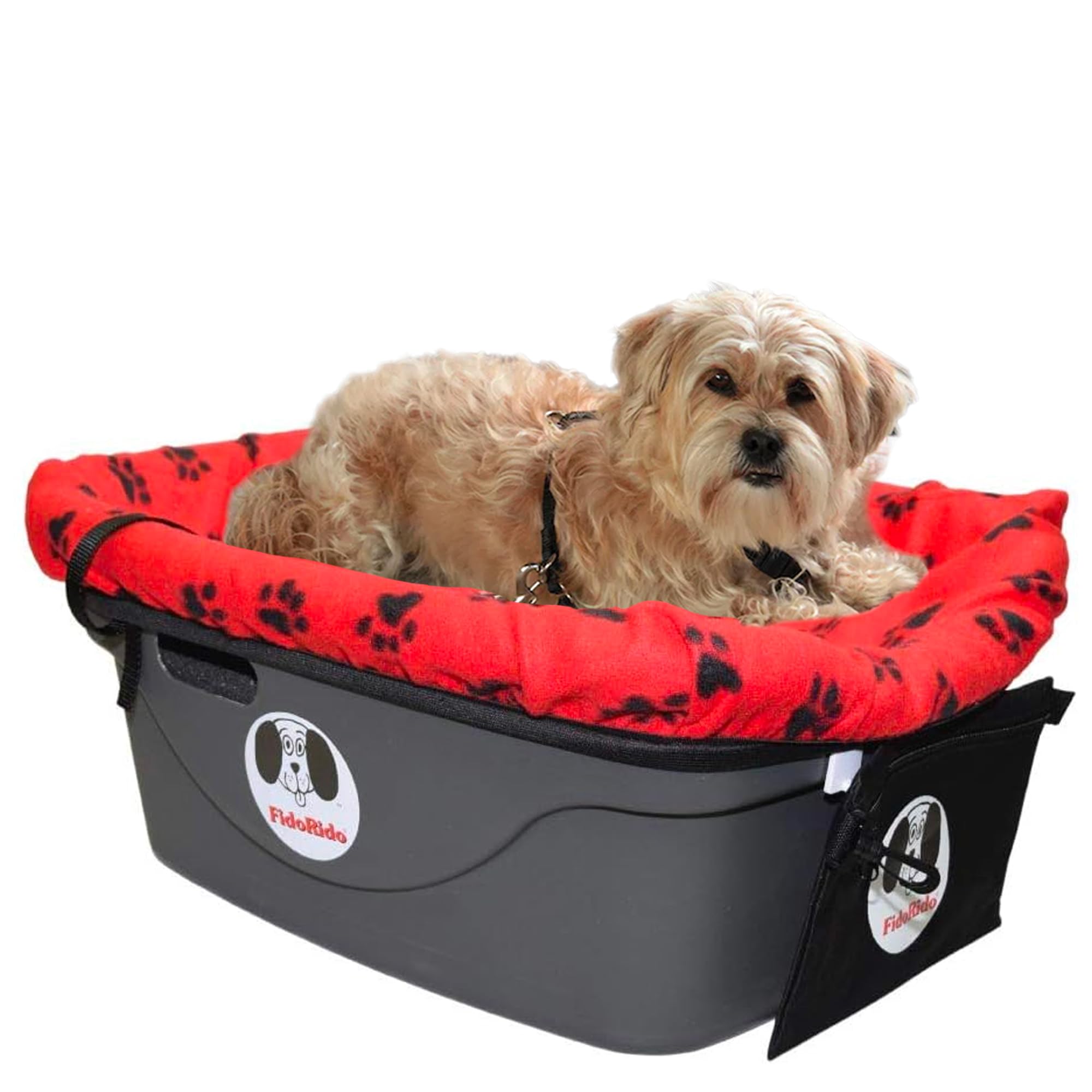 Fidorido Dog Car Seat - Pet Booster Seat For Small To Large Dogs With Comfortable Cushions, Sherpa Cover, And Safety Straps, Easy To Install, Ideal For Travel, Red, Black Paw Prints - Small Harness