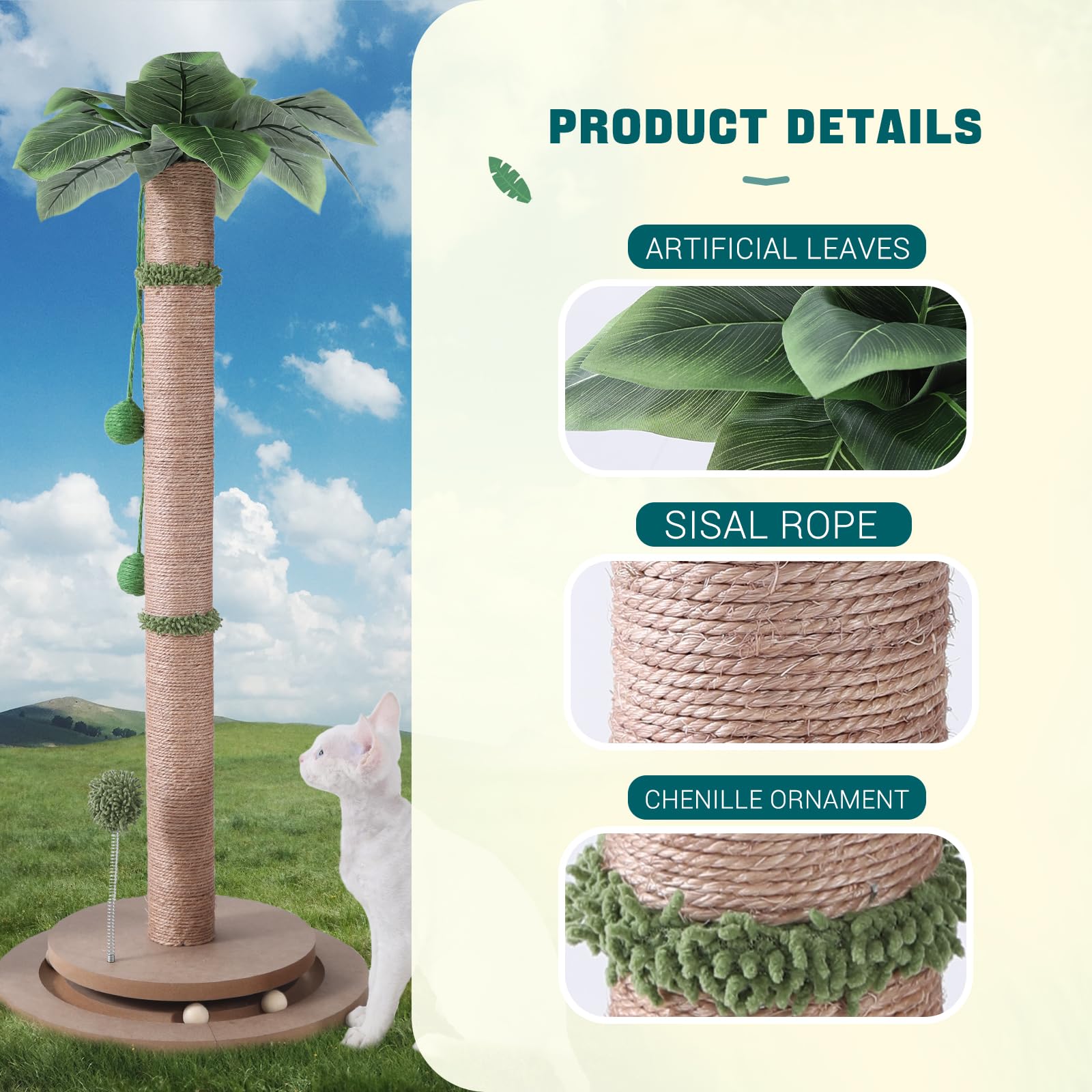 Aplatho Scratching Posts For Indoor Cats Adults - 33.2' Tall Cat Scratching Post With Sisal Rope - Cute Kitten Cat Tree Scratching Post With Interactive Ball Track