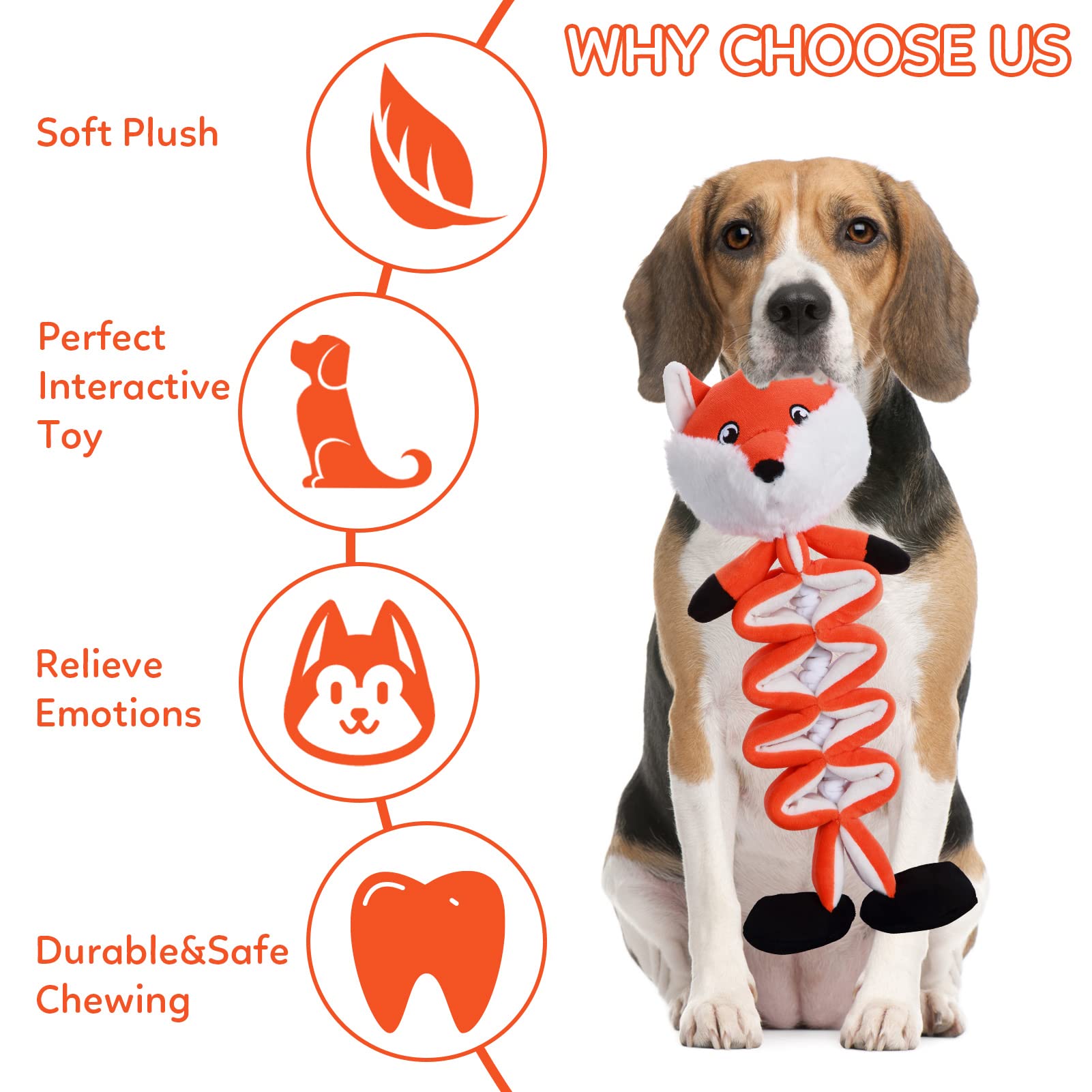Warmtoy Plush Dog Toy In Orange Fox Shape, Durable And Interactive Dog Toy For Tug Of War And Chew Play For Small And Medium Dog