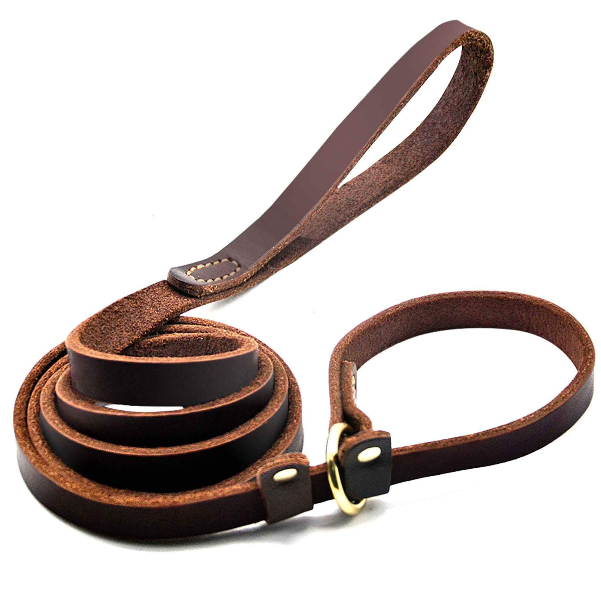 Wellbro Real Leather Slip Lead Dog Leash, Soft Adjustable Pet Slip Leads With Slider, Heavy Duty Flat Dog Training Leash For Med