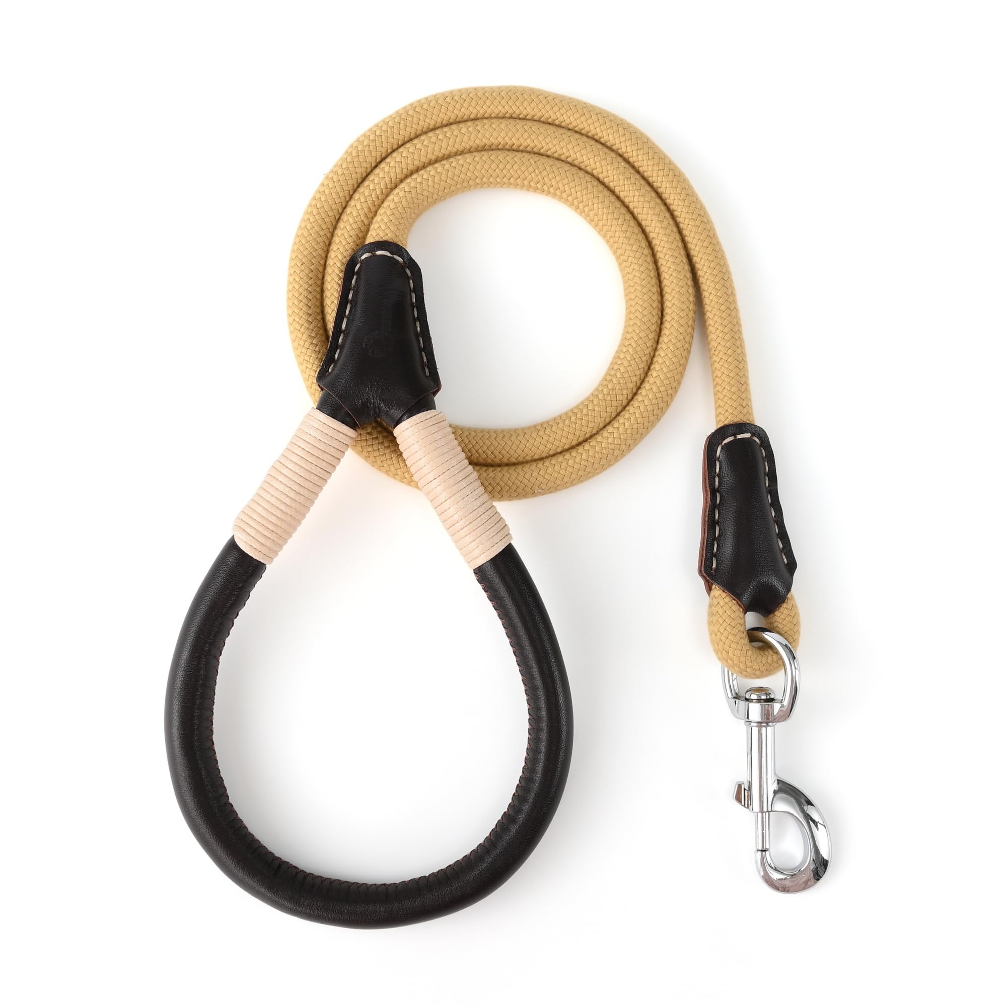 Mile High Life Genuine Leather Wrapped Handle Dog Leash, W Heavy Duty Clasp Rope Leash For Small Medium Large Dogs (Yellow, 6Ft)