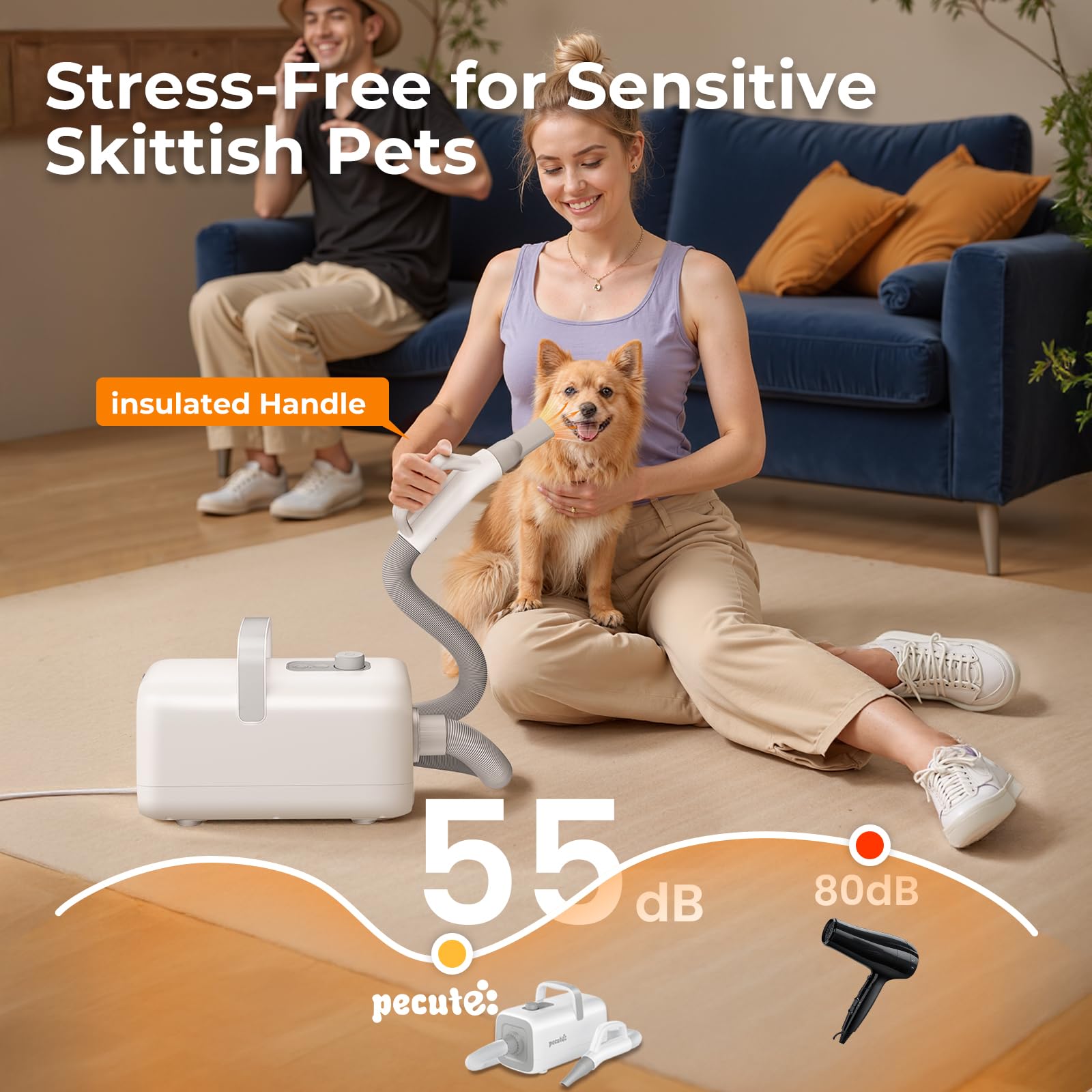 Pecute High-Velocity Dog Hair Dryer, Dog Blow Dryer with Adjustable Speed & Temp, Dog Dryer with Cool-Warm-Hot Cycle Mode, 4 Noz