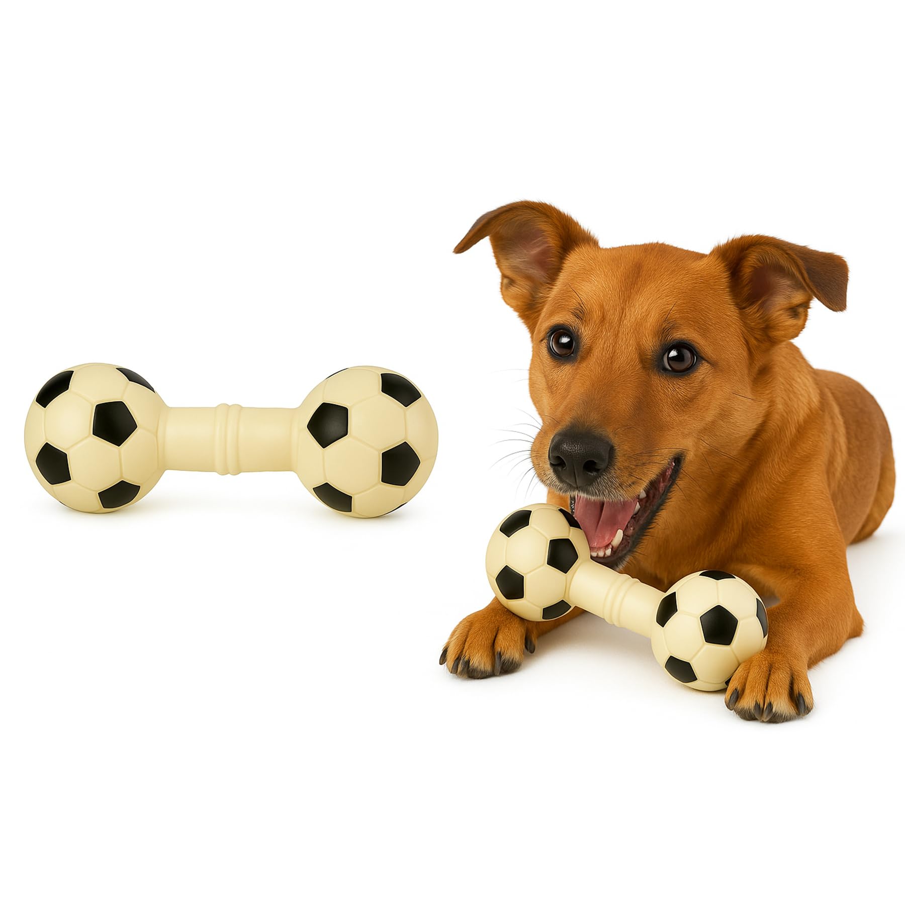SHOPMEFAST Soccer Ball Dumbbell Shaped Dog Toy, 7 Inches Squeaky Interactive Pet Play Toy for All Breeds, OffWhite