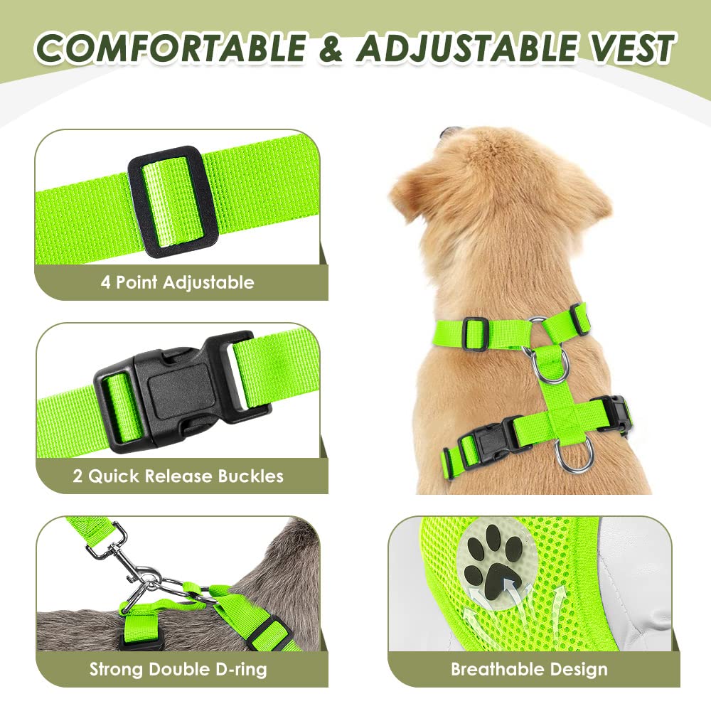 Slowton Dog Car Harness Seat Belt Set, Dog Vest Harness Adjustable Mesh Breathable & Vehicle Safety Seatbelt Tether With Elastic Bungee For Small Medium Large Pets (Lime Green, L)