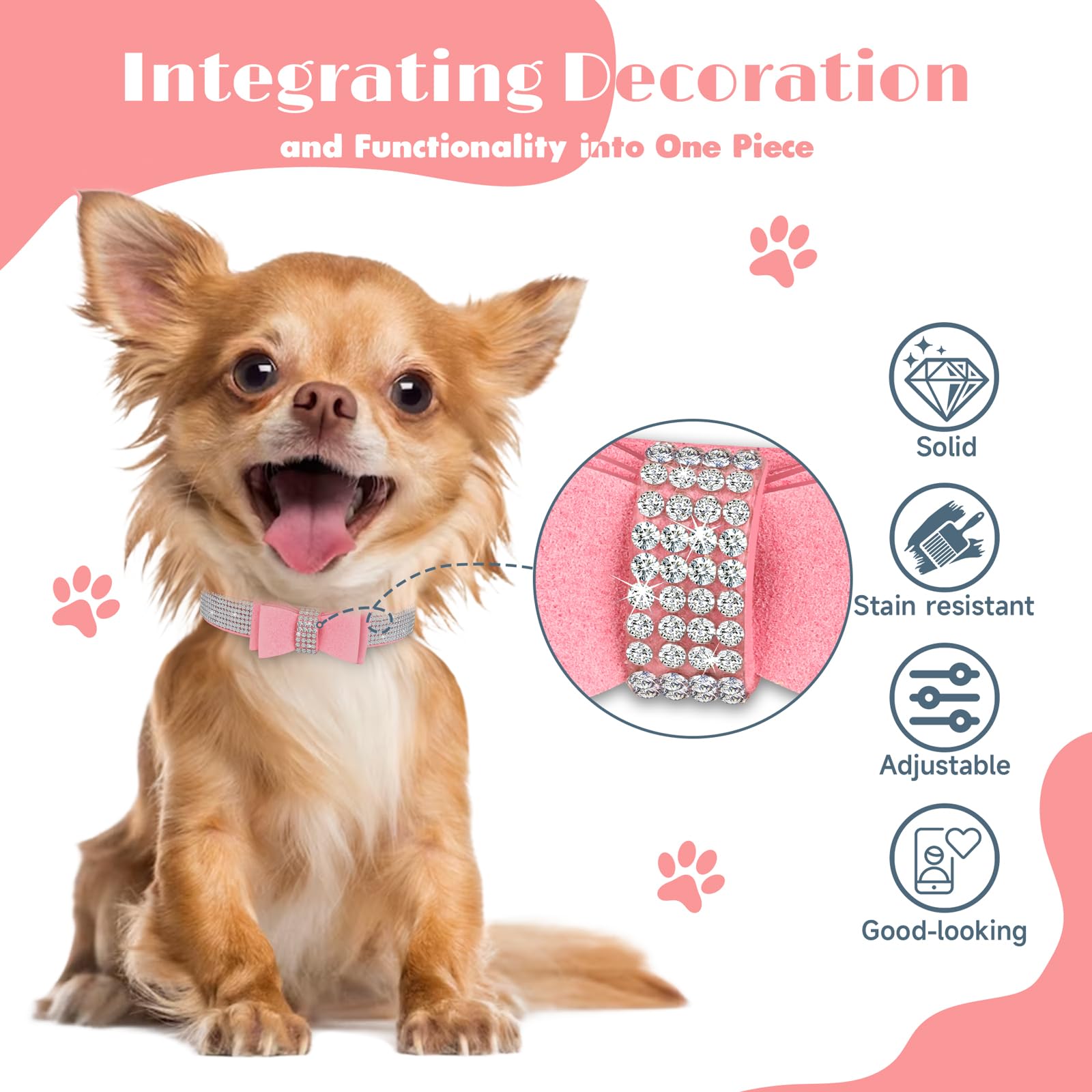 Crystal Dog Collar With Bow Tie,Soft Puppy Bling Collar For Extra Small,Small,Medium Dogs(Pink,2Xs)