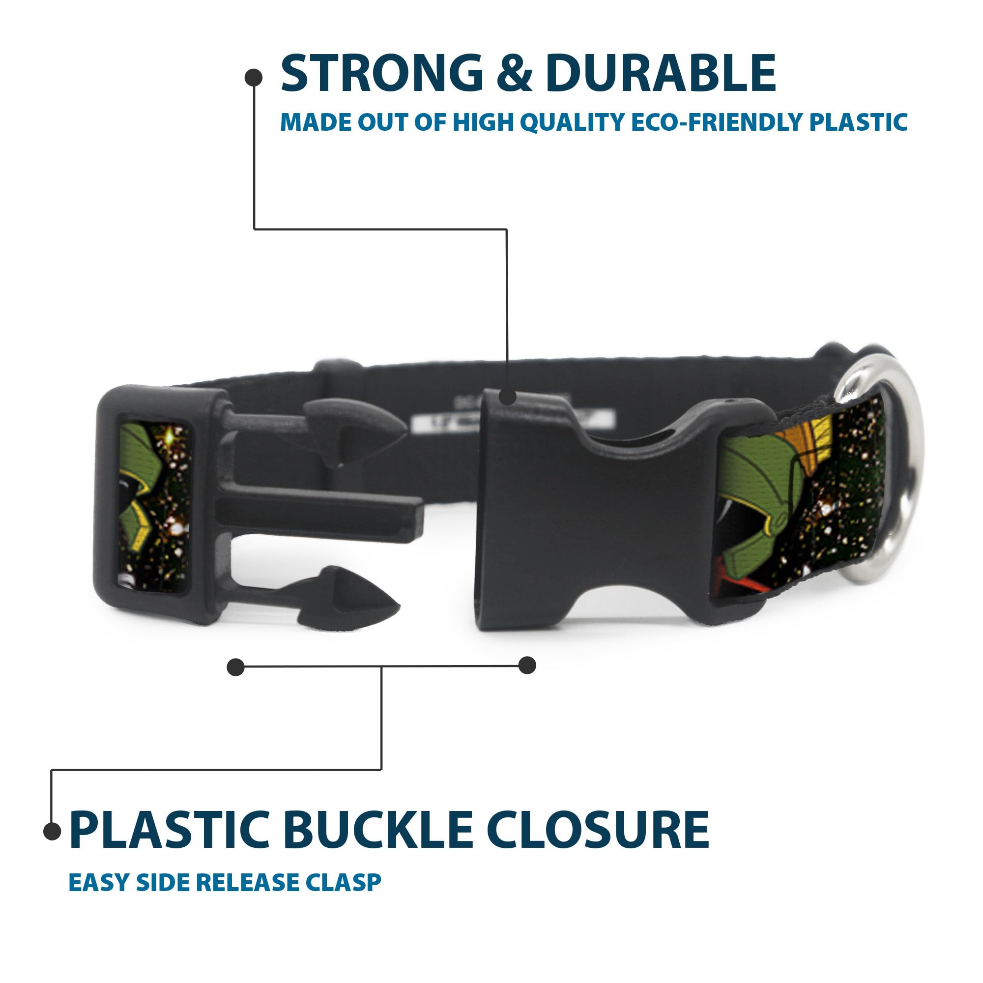 Buckle-Down Dog Collar Plastic Clip Marvin The Martian 4 Poses Galaxy, Multicolor, 1.5 Wide - Fits 16-23 Neck - Medium (